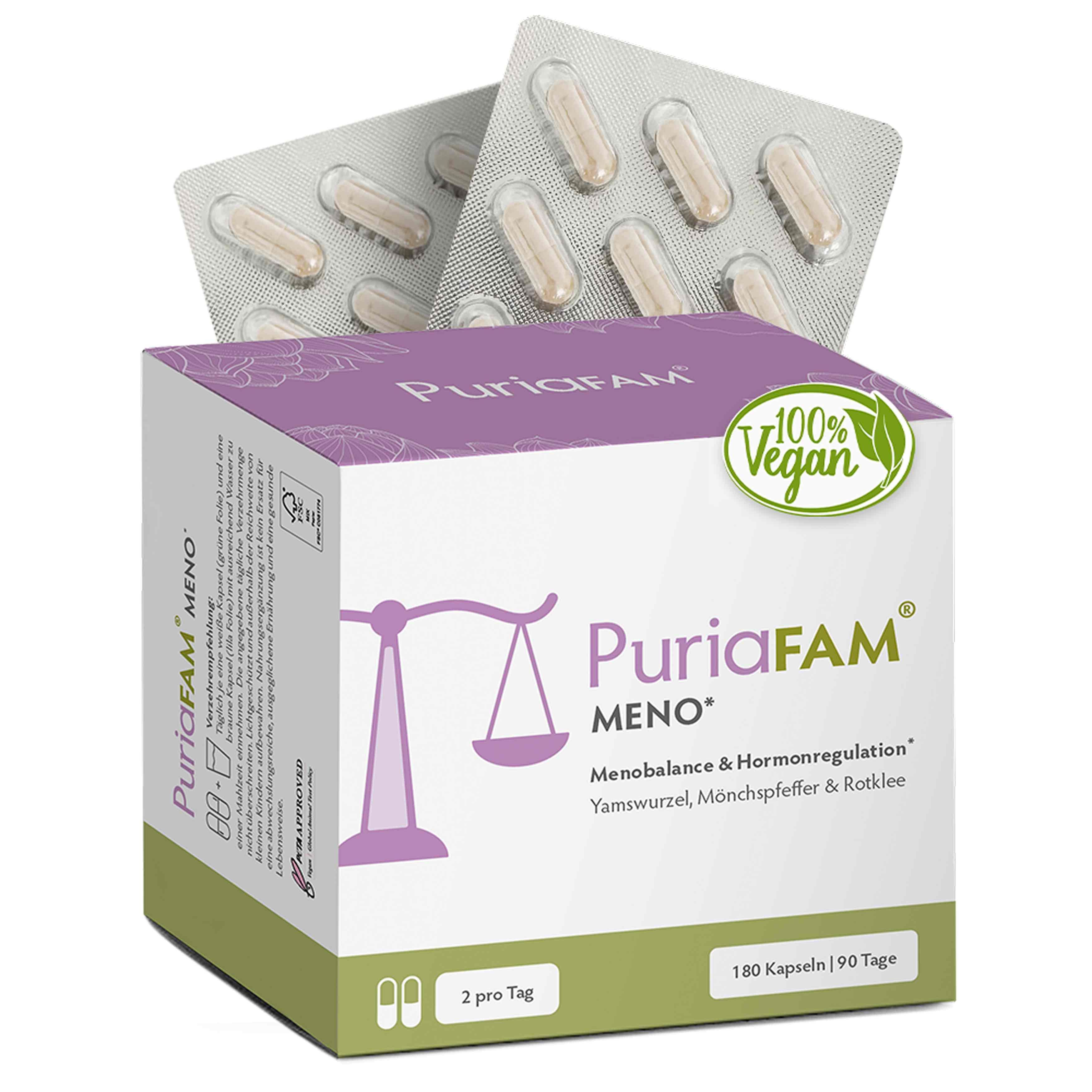 Schachtel mit Kapseln. Aufschrift: PuriaFAM Meno. 100% Vegan. 180 Kapseln. 2 pro Tag.