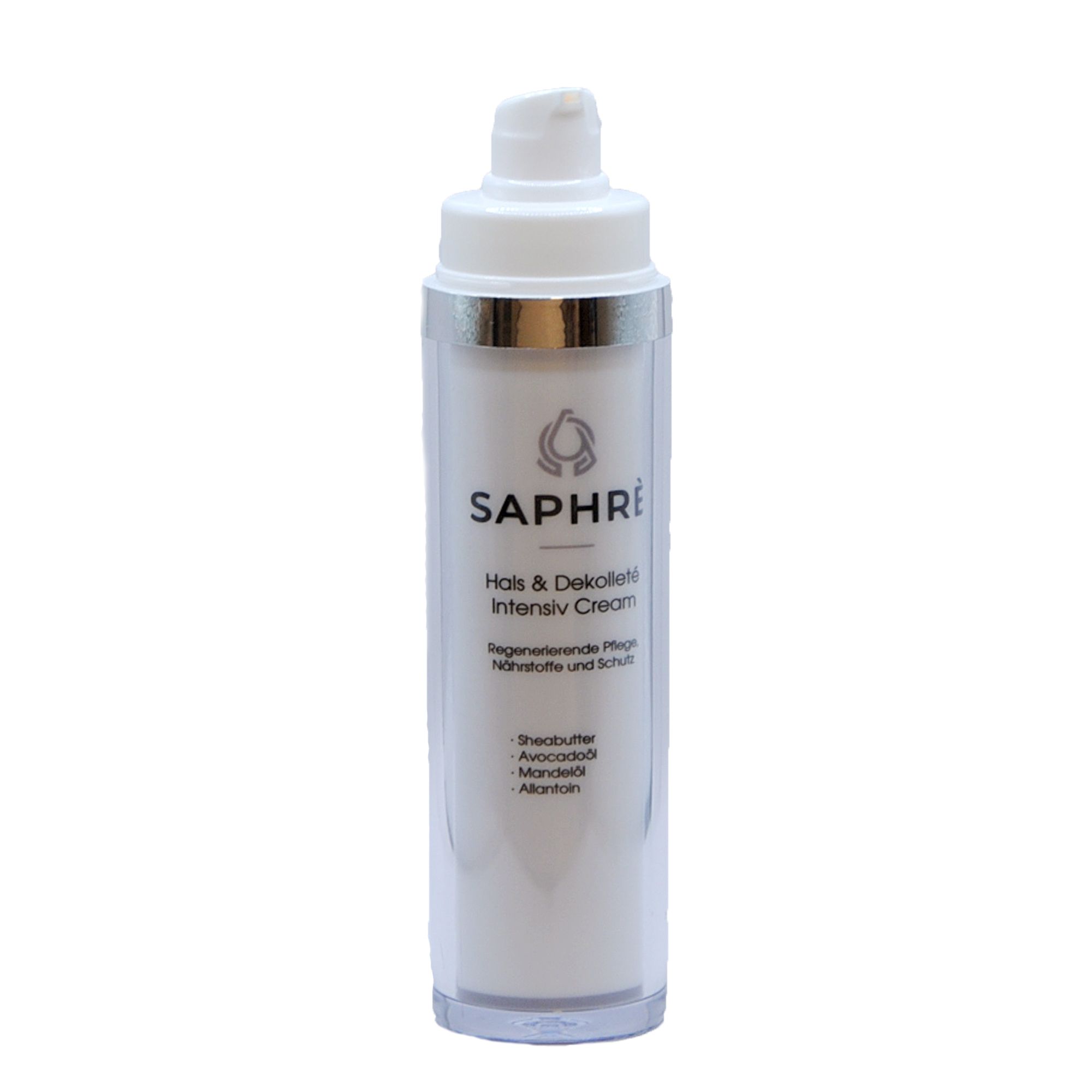 Creme-Spender mit weißem Inhalt. Beschriftung: Saphre Hals & Dekollete Intensiv Cream. Transparente Kappe.