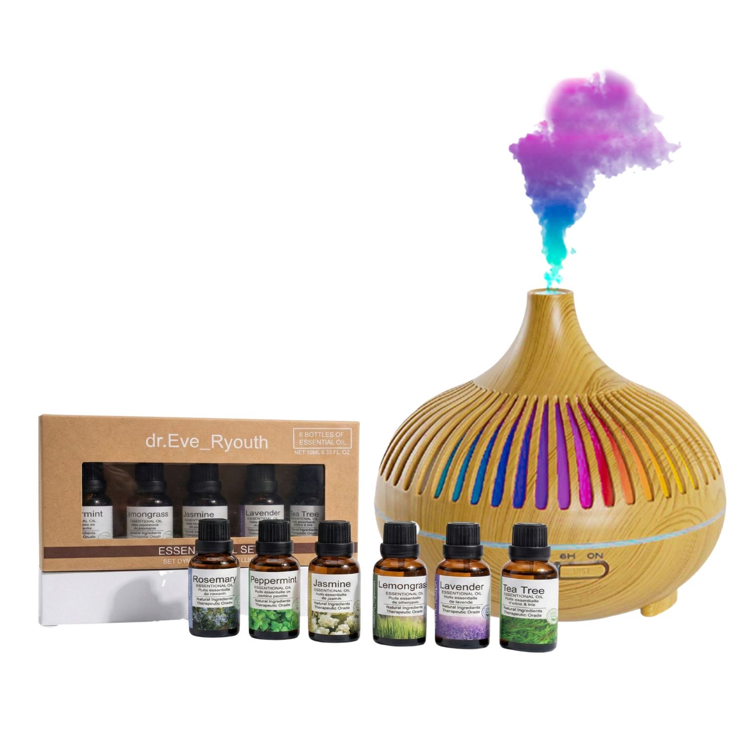 Aromatherapie-Diffusor-Set mit Flaschen. Holz-Diffusor, farbiges Licht. Flaschen mit Etiketten.