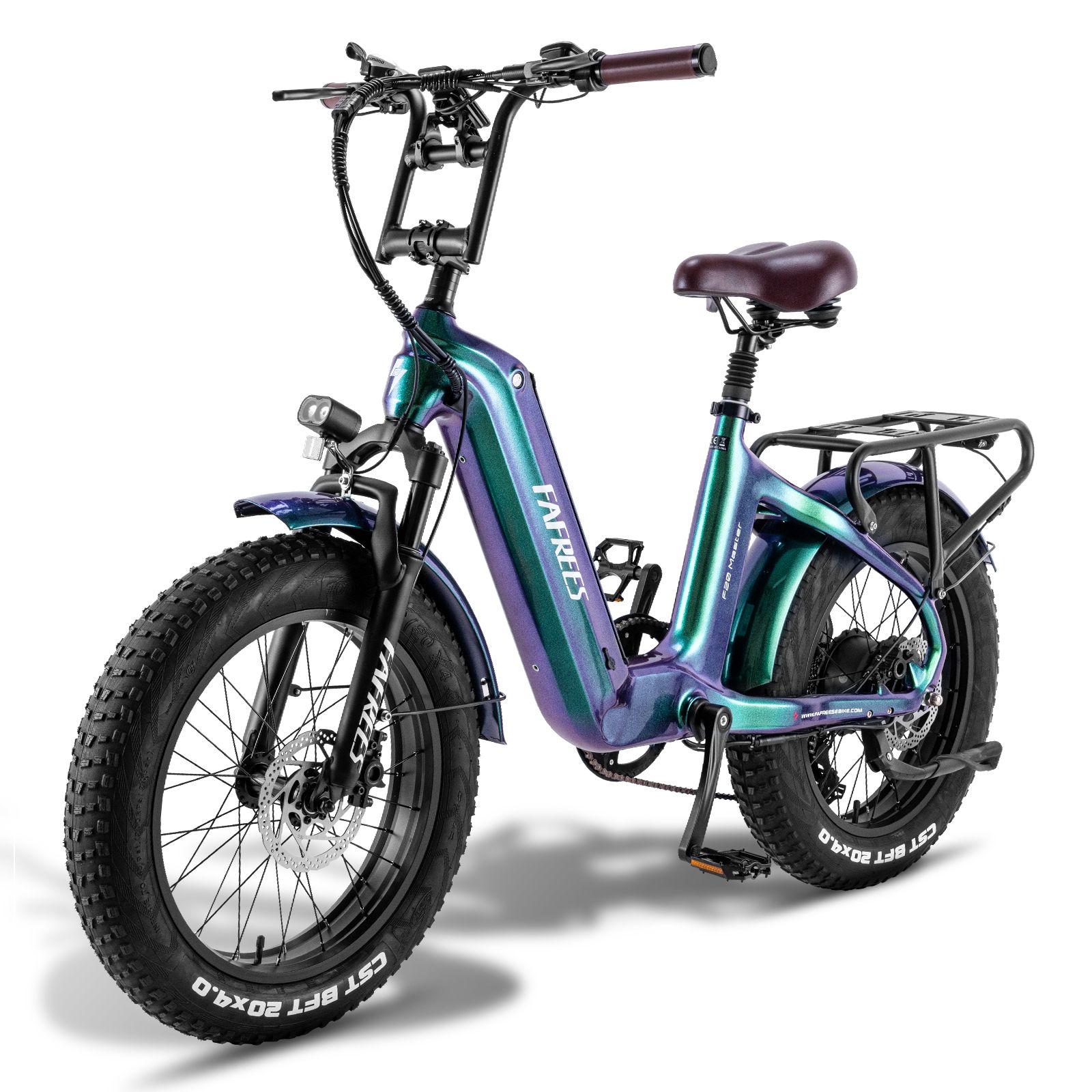 Fafrees F20 Master E-Bike. Grün-blau lackiert, breite Reifen, Gepäckträger, brauner Sattel. Fafrees-Logo sichtbar.