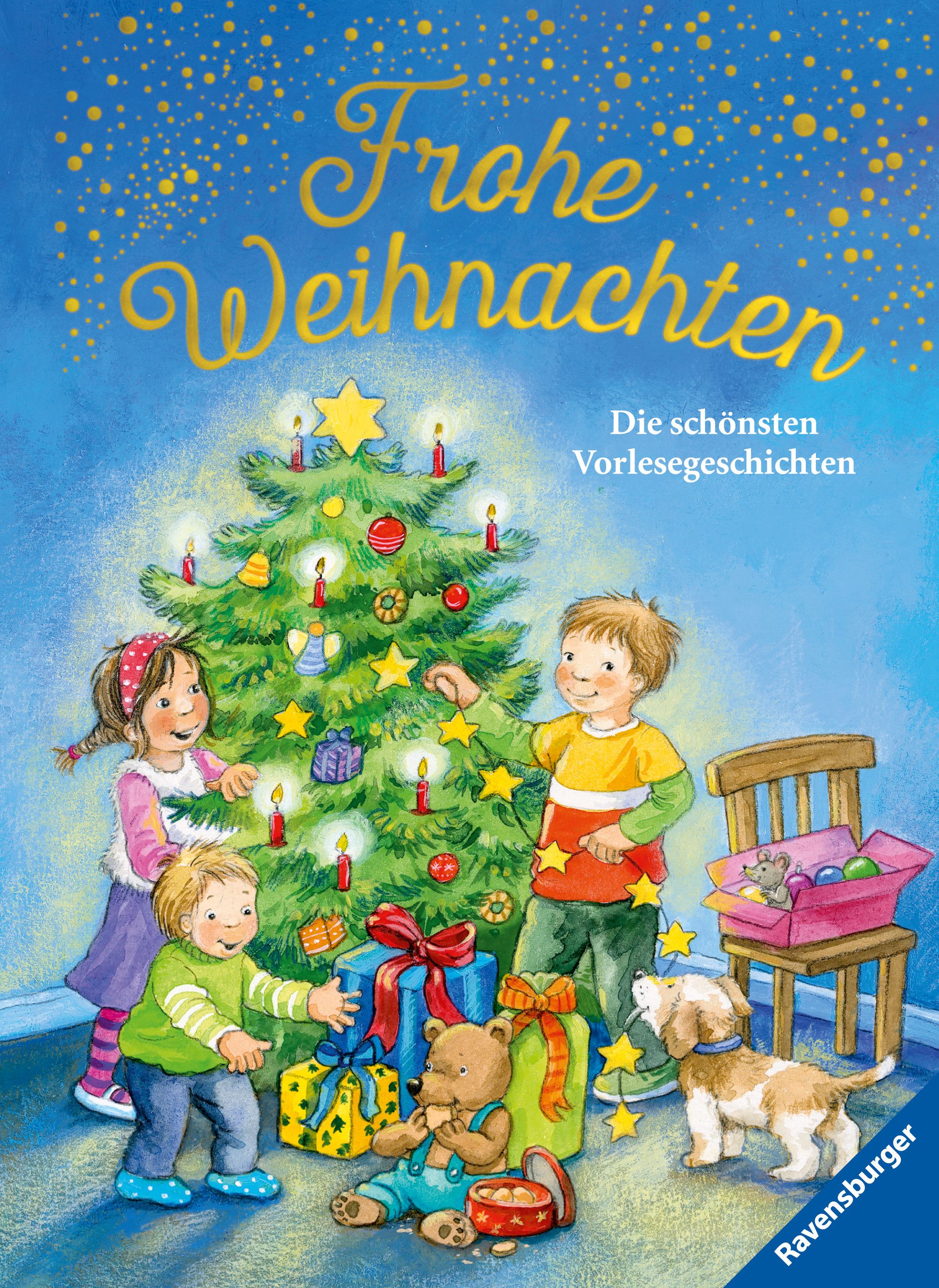 Buchcover mit Kindern am Weihnachtsbaum. Titel: Frohe Weihnachten - Die schönsten Vorlesegeschichten. Verlag: Ravensburger.