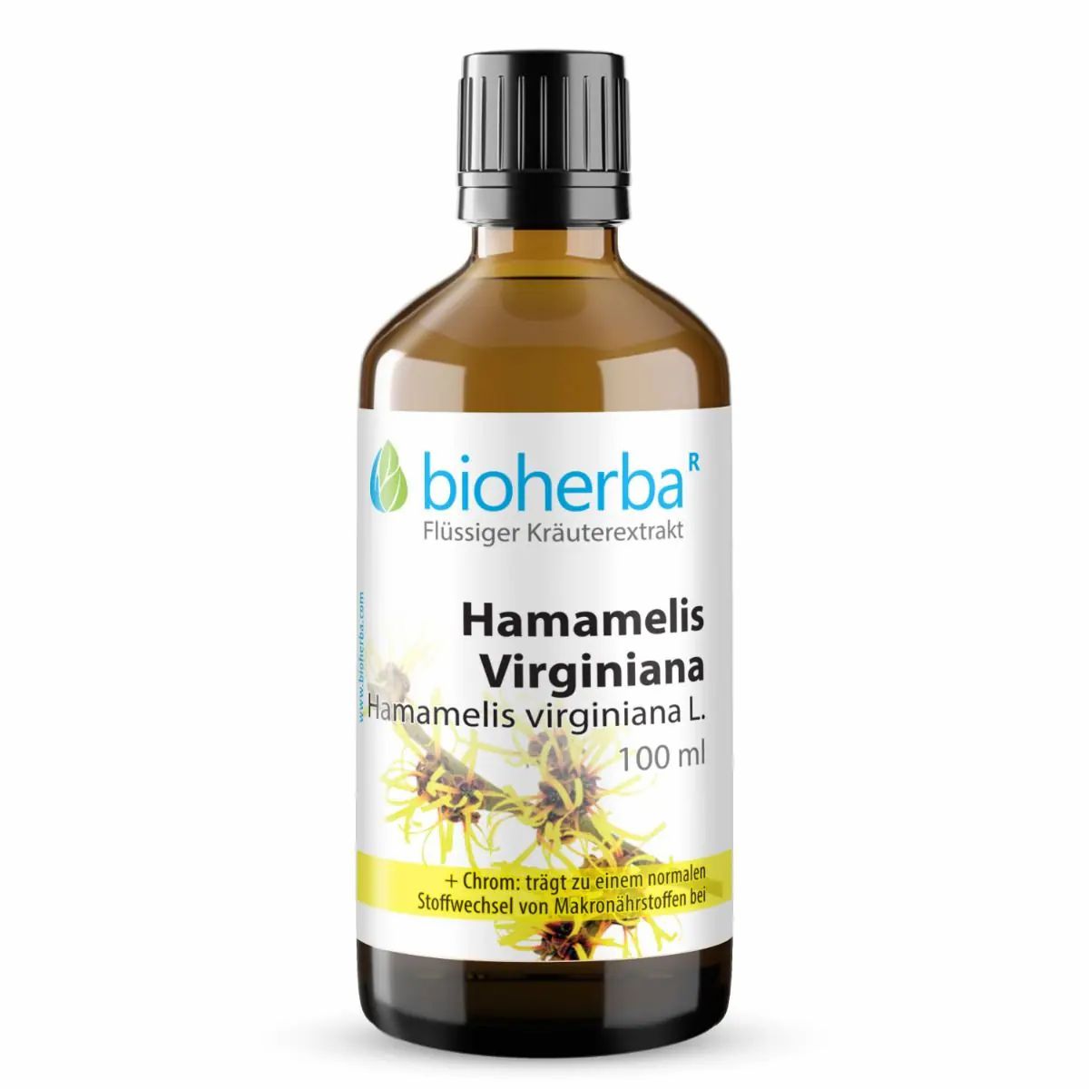 Braune Glasflasche mit schwarzem Deckel. Etikett mit Produktnamen und Logo. "bioherba" und "Hamamelis Virginiana" lesbar.