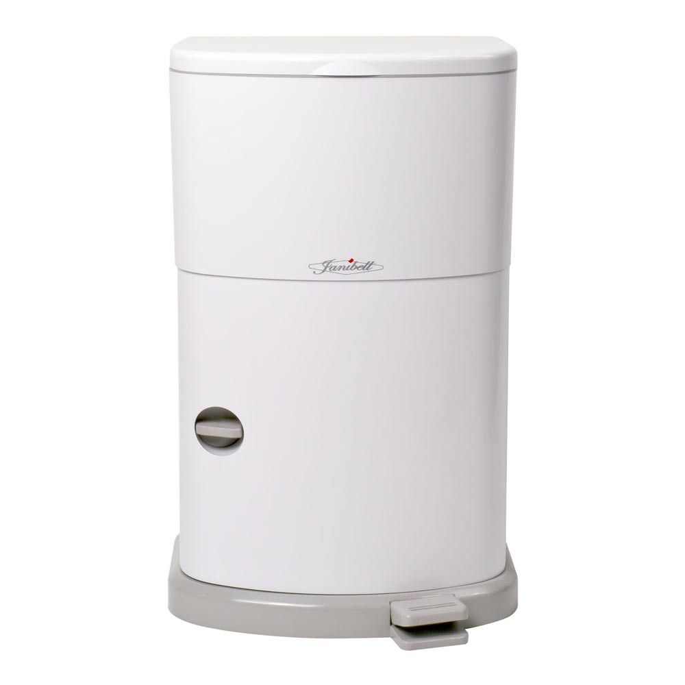 Weißer Windeleimer mit grauem Fuß und Deckel. Fußpedal. Janibell-Logo.