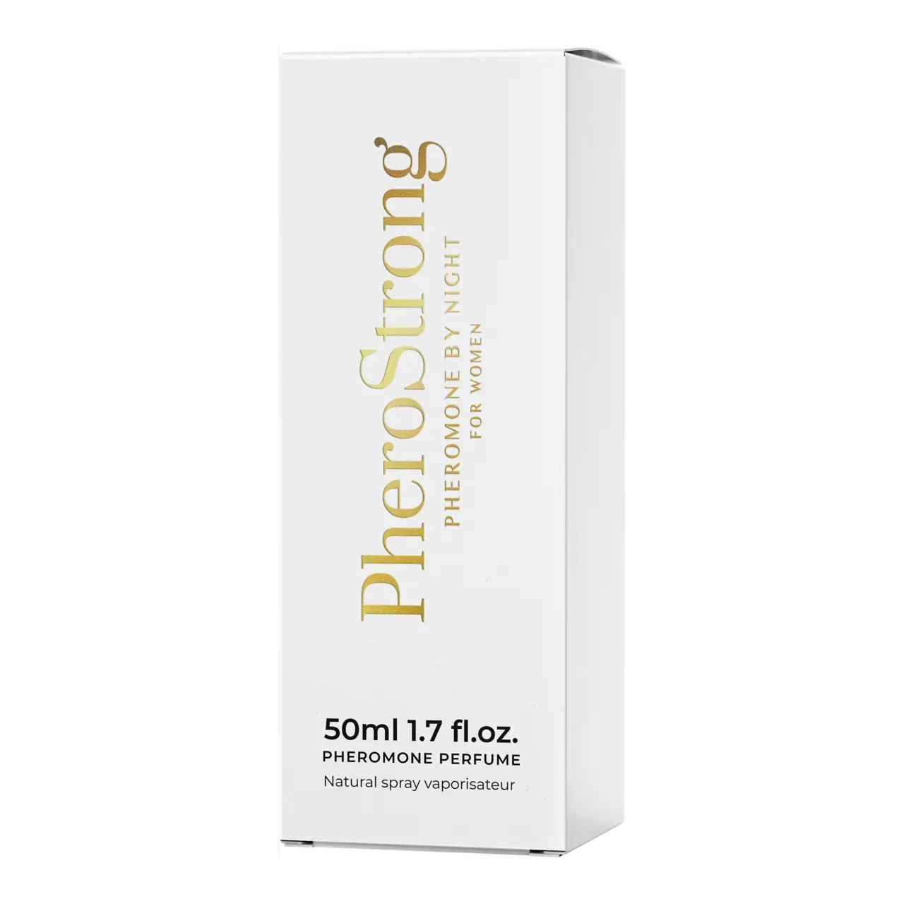 Weiße Verpackung mit goldener Schrift. Aufschrift: PheroStrong Pheromone By Night für Frauen. 50ml 1.7 fl.oz.