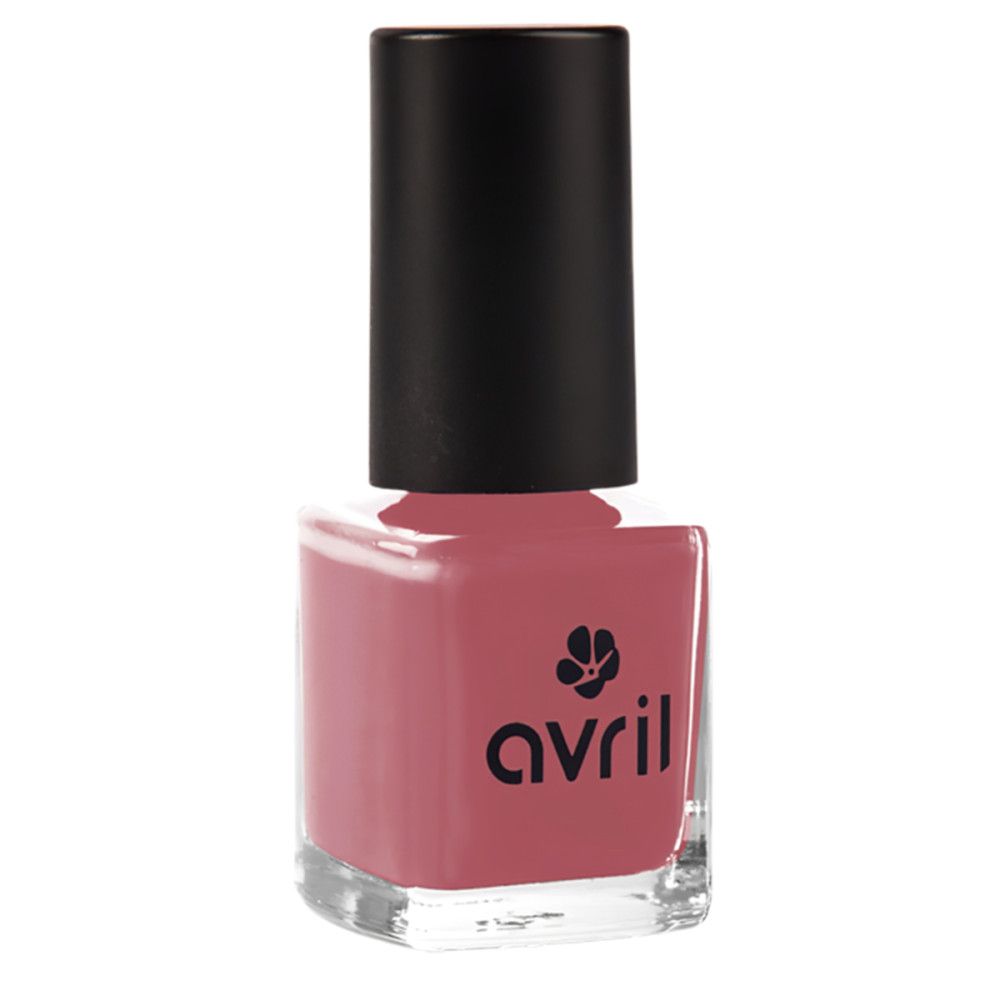 Nagellackflasche mit rosa Inhalt und schwarzem Deckel. Auf der Vorderseite steht "avril".
