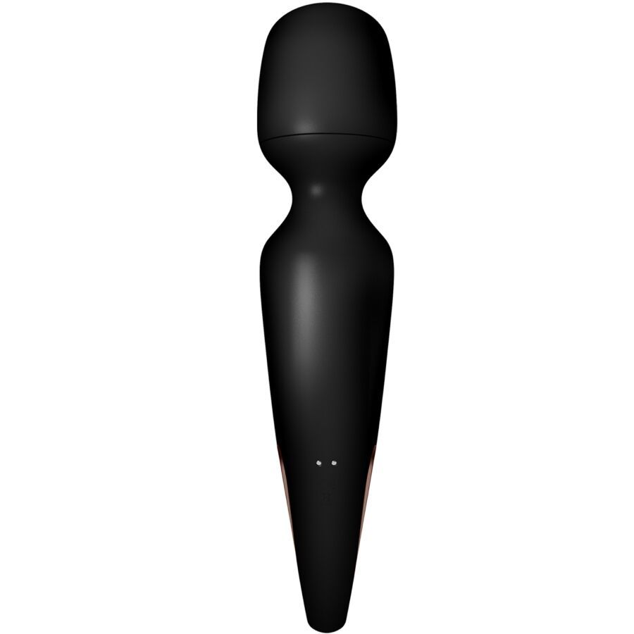 Schwarzer Stab-Massager, Rückansicht mit glatter Oberfläche und zwei Ladekontakten.