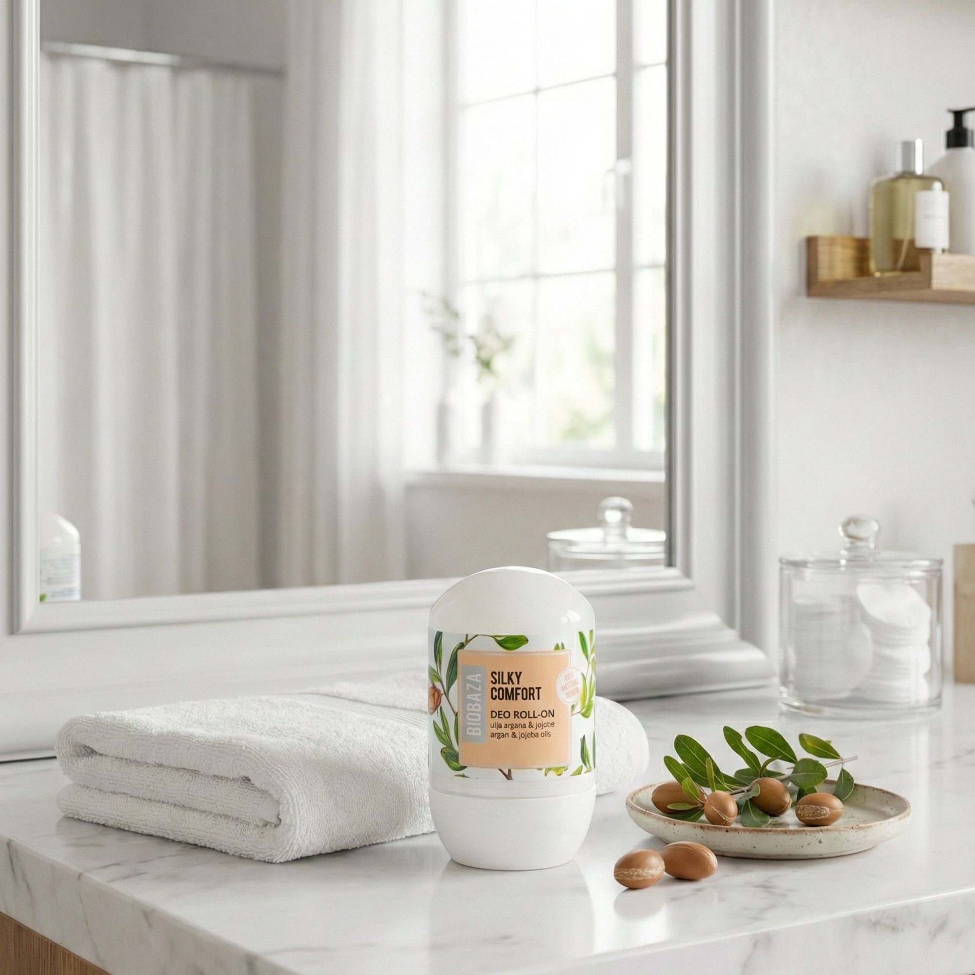Weißer Deo Roll-on mit Etikett. Aufschrift: Silky Comfort, Deo Roll-on, Argan- und Jojobaöle. Hintergrund: Badezimmer mit Spiegel und Accessoires.