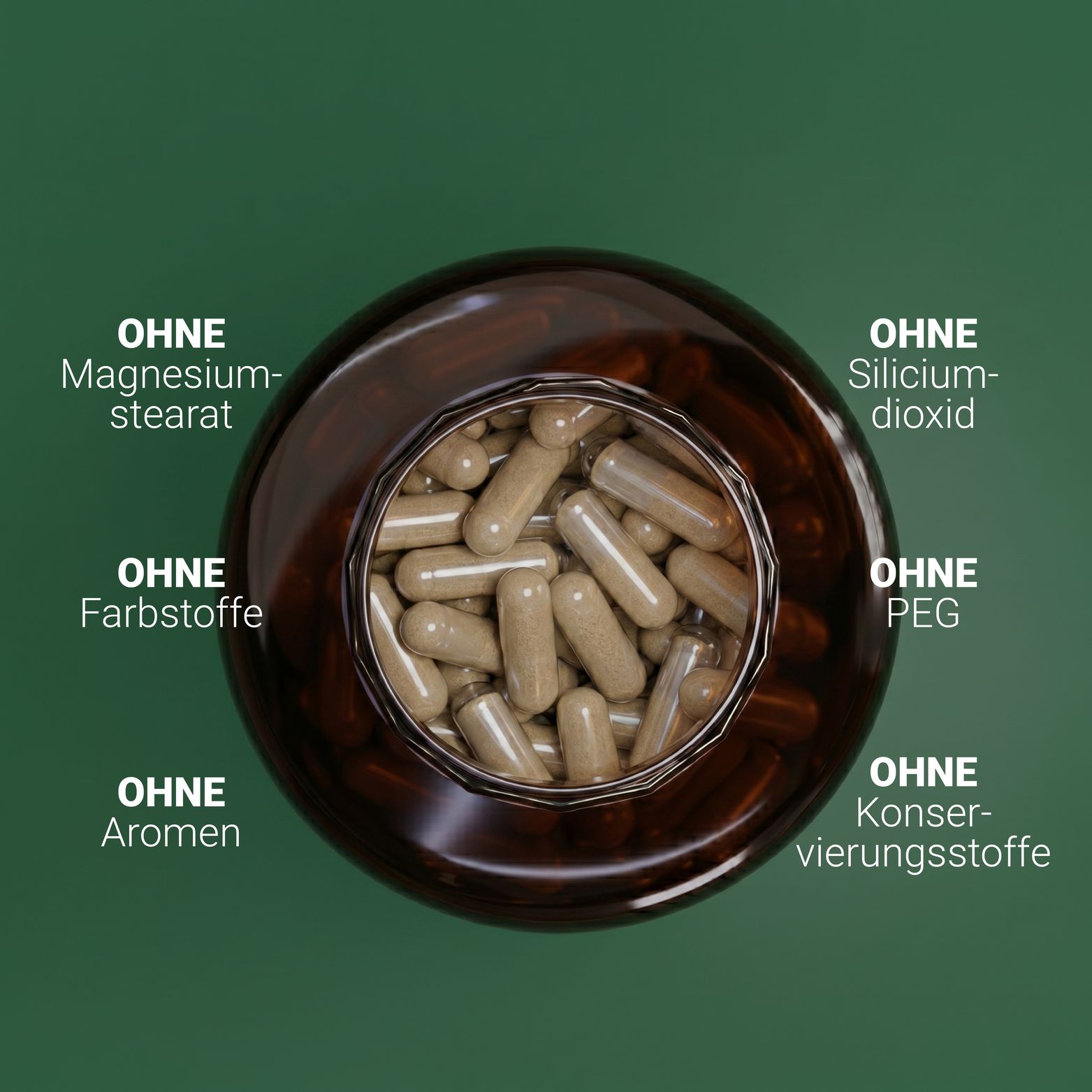 Oberansicht einer offenen Flasche mit vielen Kapseln. Beschriftungen heben hervor: 'OHNE Magnesiumstearat', 'OHNE Farbstoffe', 'OHNE Aromen', 'OHNE Siliciumdioxid', 'OHNE PEG', 'OHNE Konservierungsstoffe'.