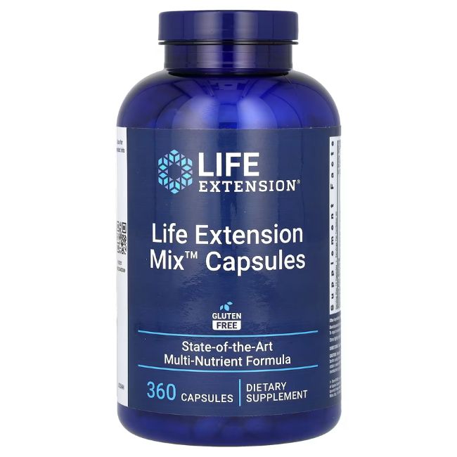 Blaue Flasche mit weißen Kapseln. Etikett mit Produktnamen und Logo: Life Extension Mix Kapseln. 360 Kapseln.