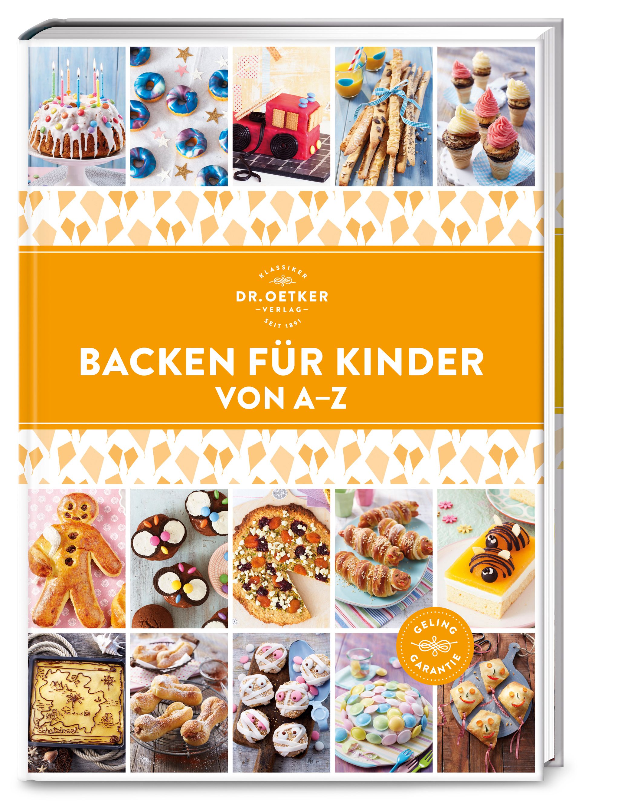 Buch "Backen für Kinder von A–Z". Gelber Titelbalken mit Schriftzug. Oben und unten Fotos von Backwaren.