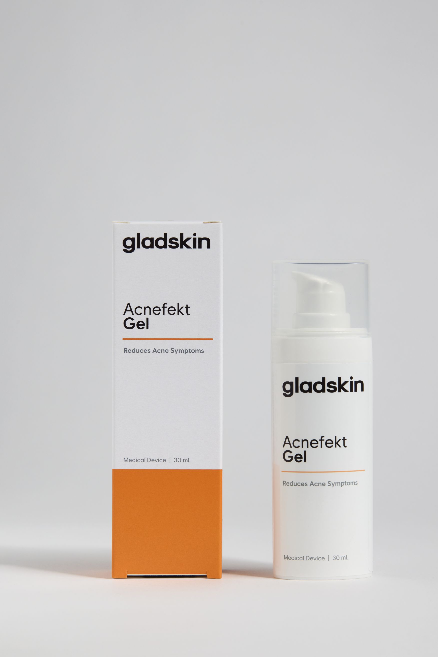 Gladskin Acnefekt Gel Flasche und Faltschachtel.