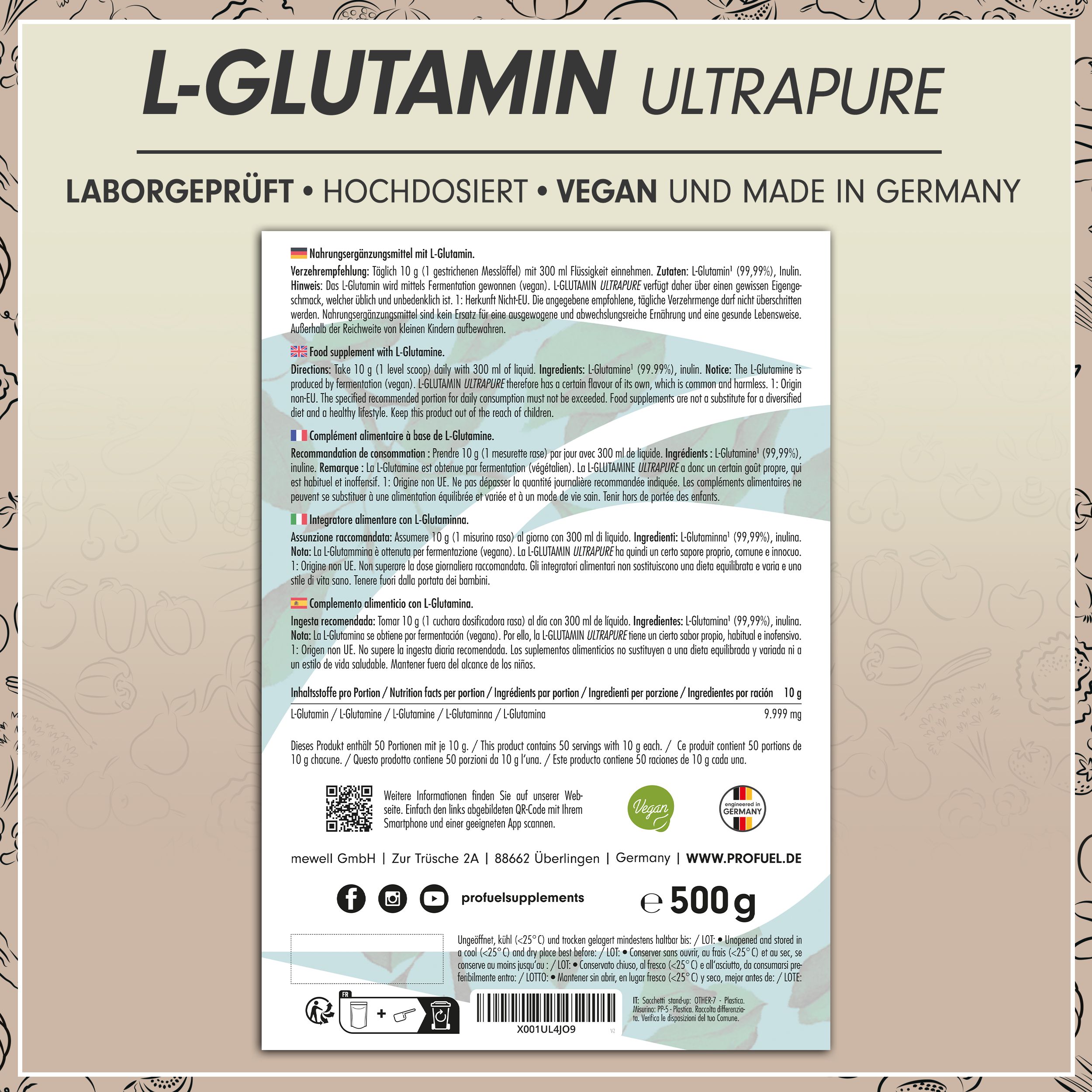 Rückseite einer L-Glutamin-Verpackung. Informationen in Deutsch, Englisch, Französisch, Italienisch und Spanisch. 500g.