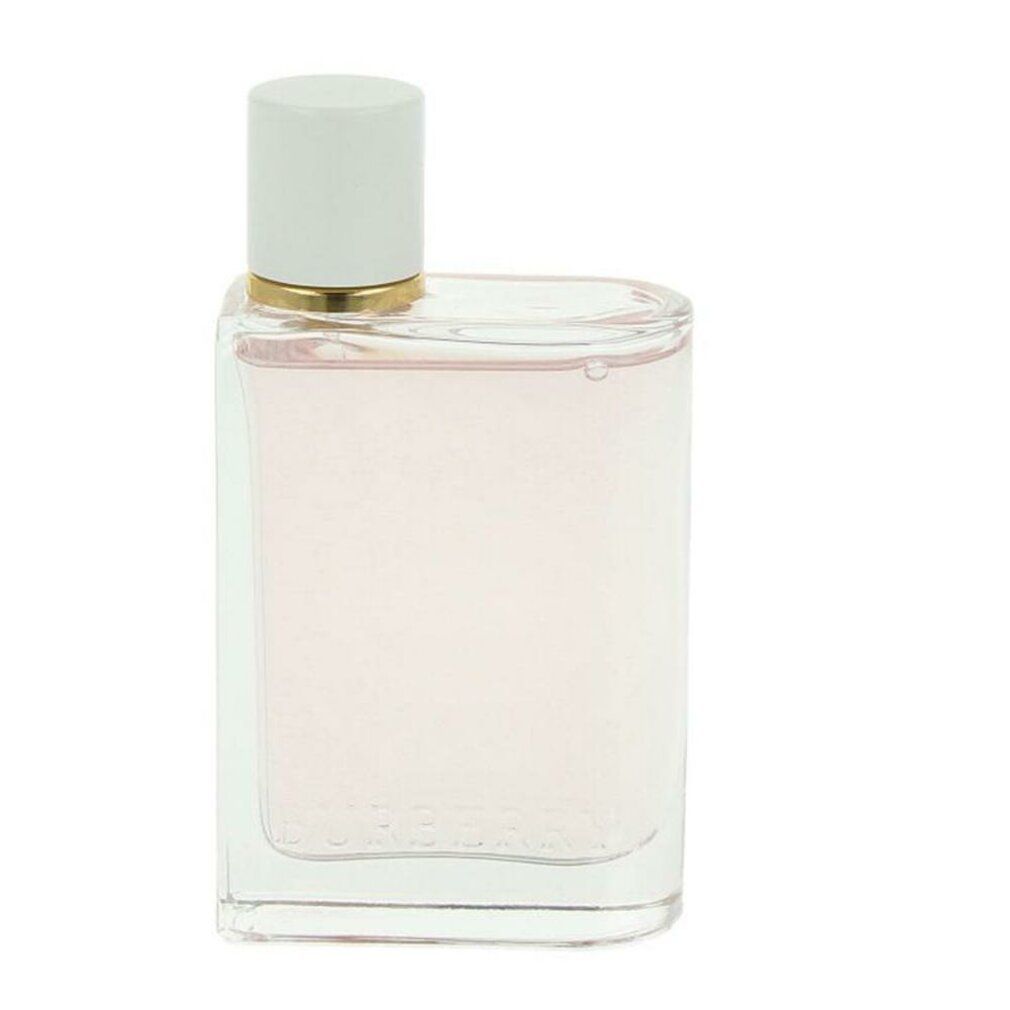 Parfümflakon mit weißem Deckel und goldfarbenem Ring. Rosa Flüssigkeit im quadratischen Glasbehälter.