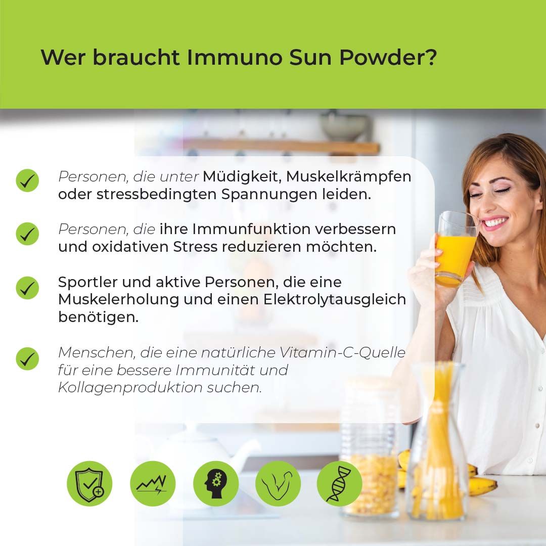 Frau hält Glas Saft. Text: Wer braucht Immuno Sun Powder? Personen, die unter Müdigkeit leiden, Sportler, etc. Grafiken.