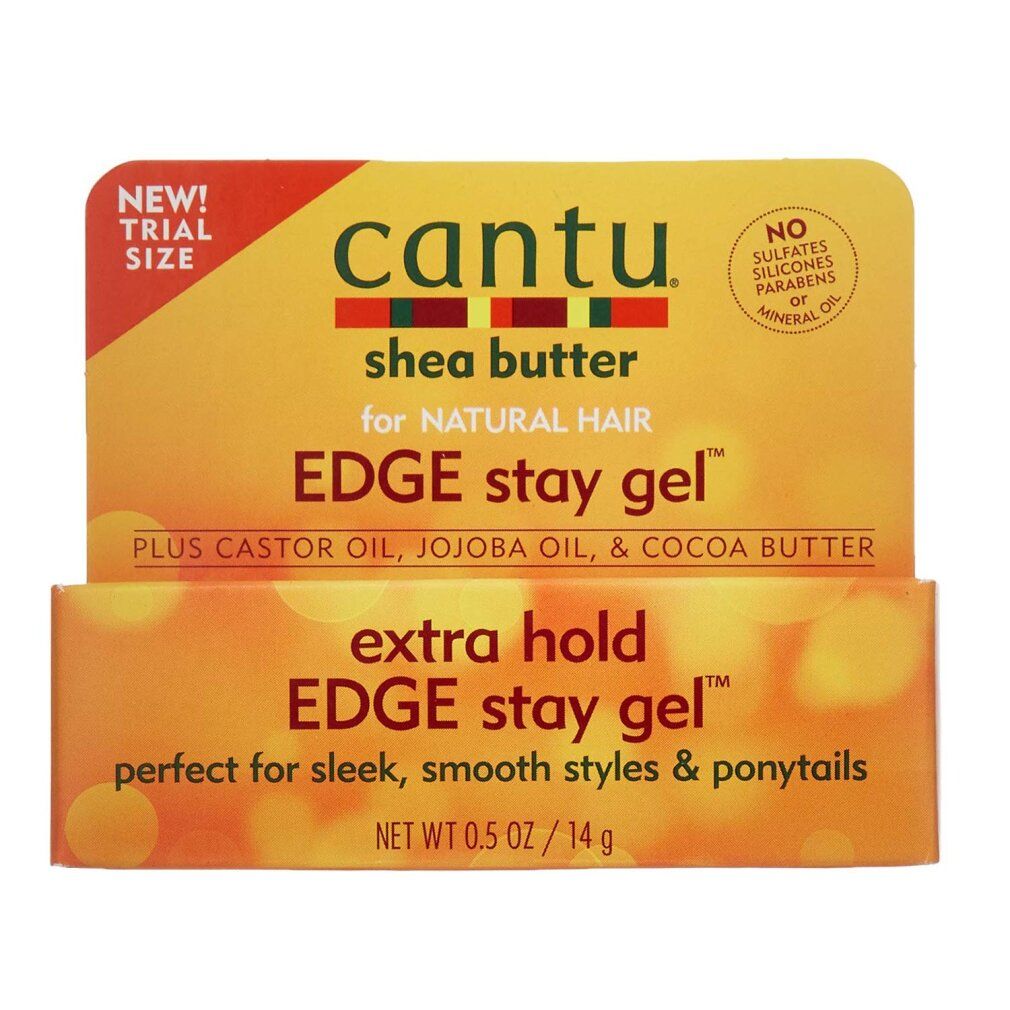 Cantu Gel-Verpackung. "Extra Hold Edge Stay Gel"-Text. "Shea Butter" und "Natural Hair" sind ebenfalls sichtbar.