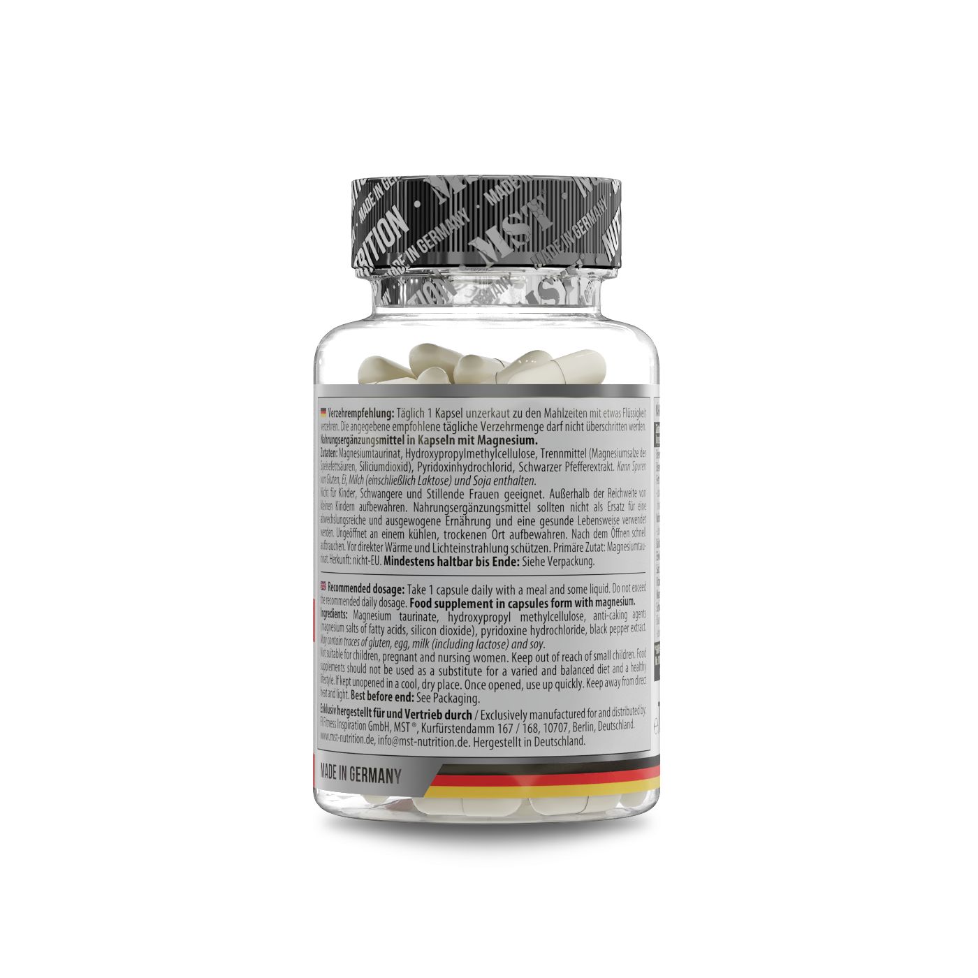 Klare Plastikflasche mit weißen Kapseln. Schwarzer Deckel mit MST-Logo. Etikett mit Dosierungsempfehlung und Inhaltsstoffen.