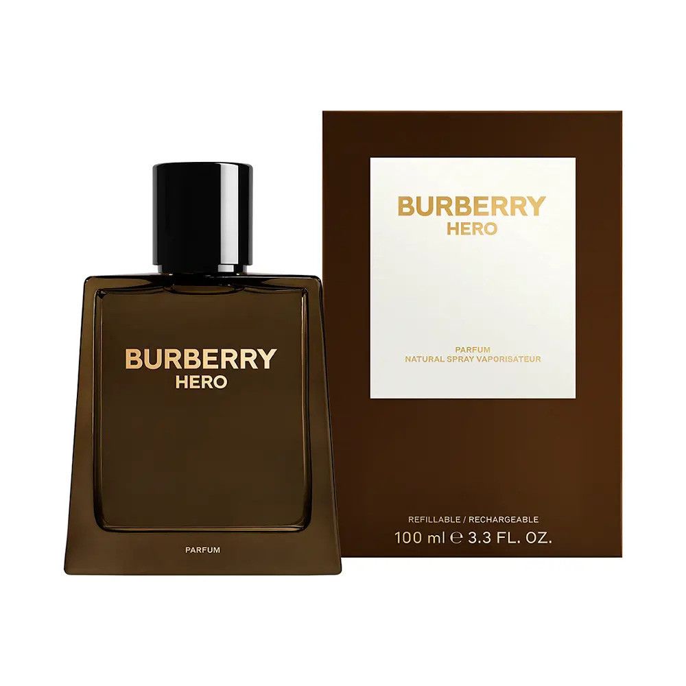 Braune Parfümflasche mit schwarzem Deckel und Verpackung. Aufschrift: Burberry Hero.