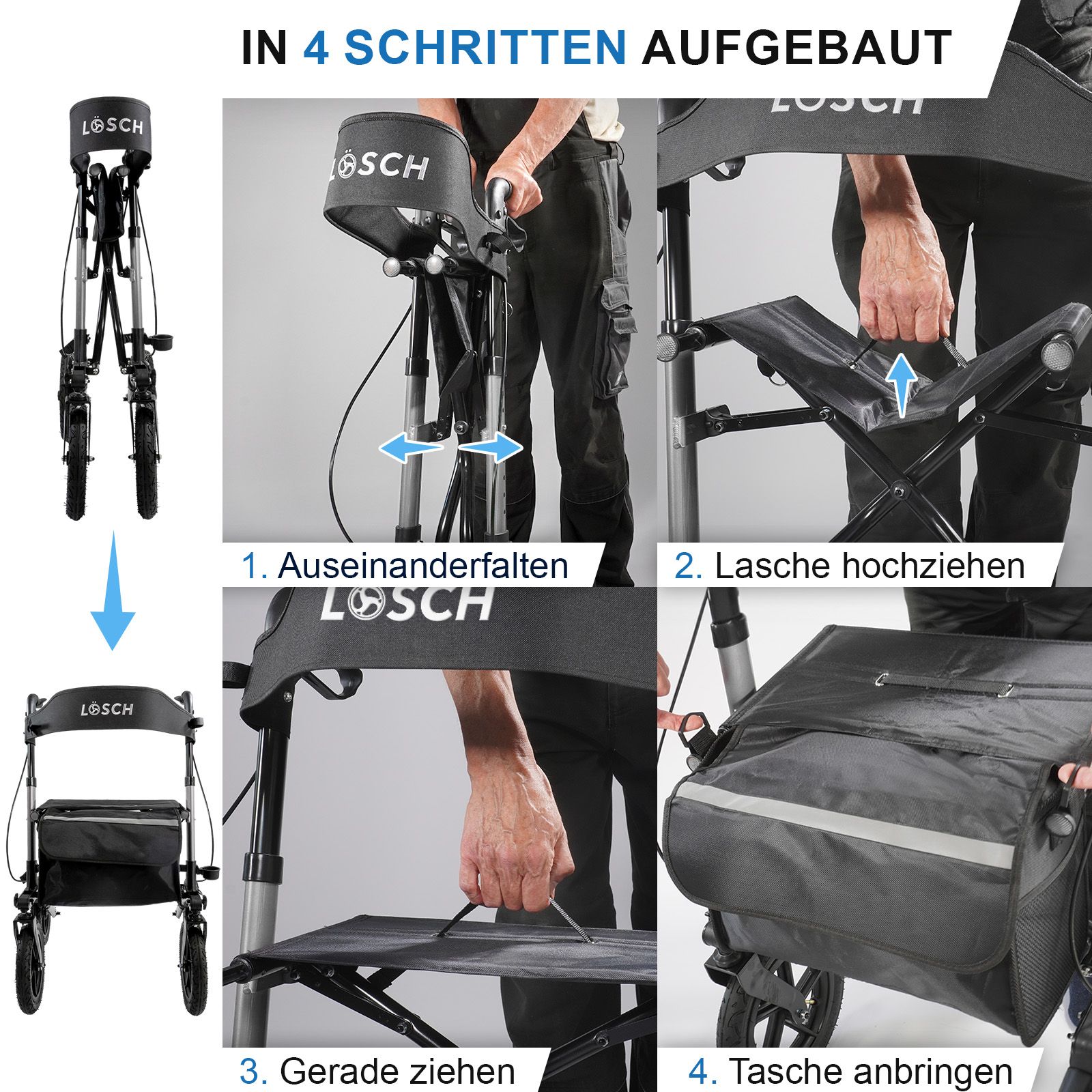 Rollator mit vier Rädern, in vier Schritten aufgebaut. Schwarze Tasche, Sitzfläche und Rückenlehne. Marke: Lösch.