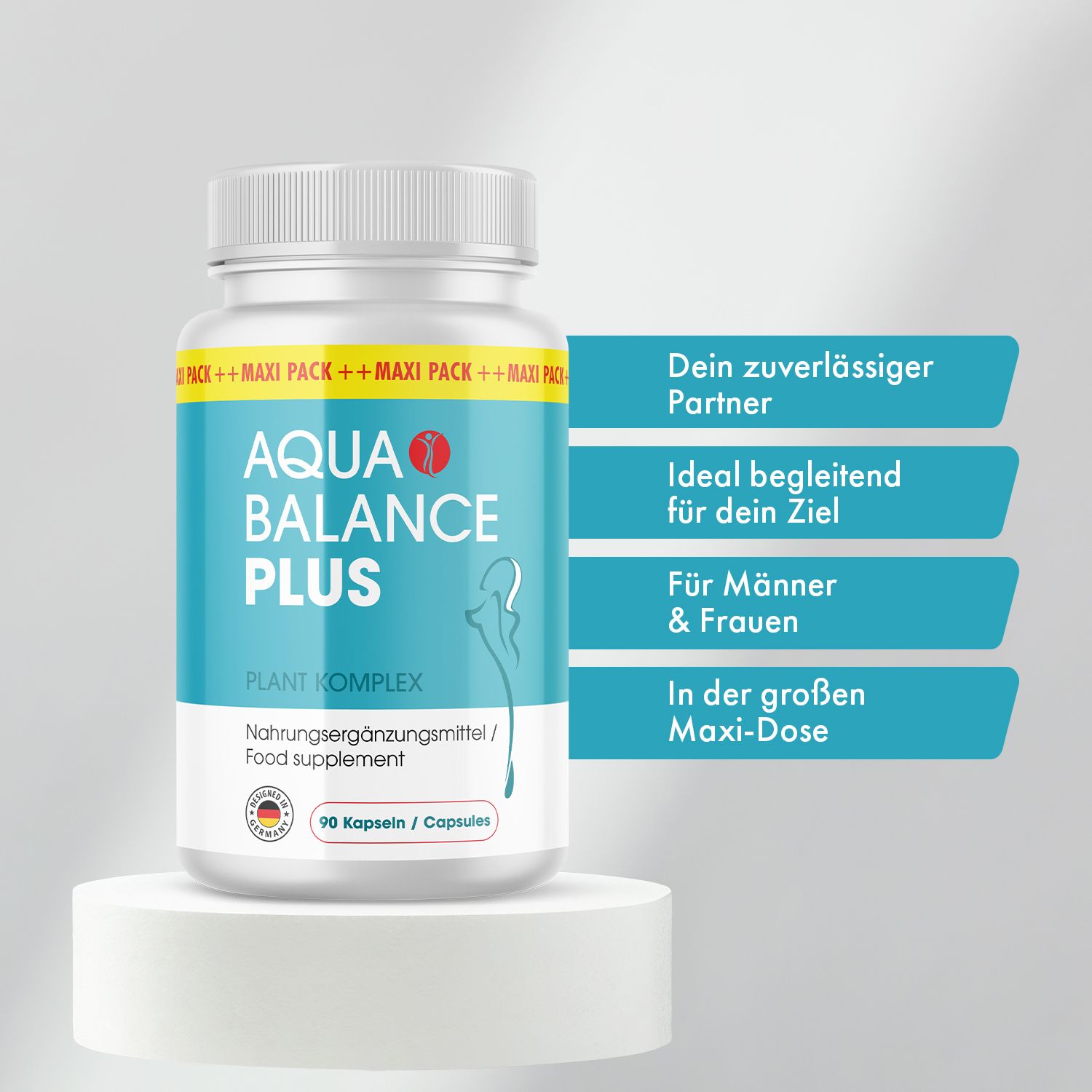 Aqua Balance Plus Flasche auf Podest. Text: Dein zuverlässiger Partner, Ideal für dein Ziel, Für Männer & Frauen, Maxi-Dose.