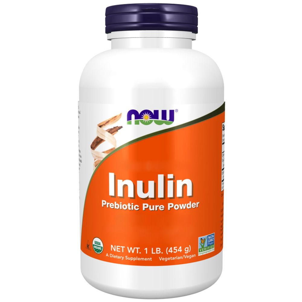 Weiße Flasche mit Inulin-Pulver. Orangefarbener Aufkleber mit Produktnamen und Logo. Deckel blau. Aufschrift: Prebiotic Pure Powder.
