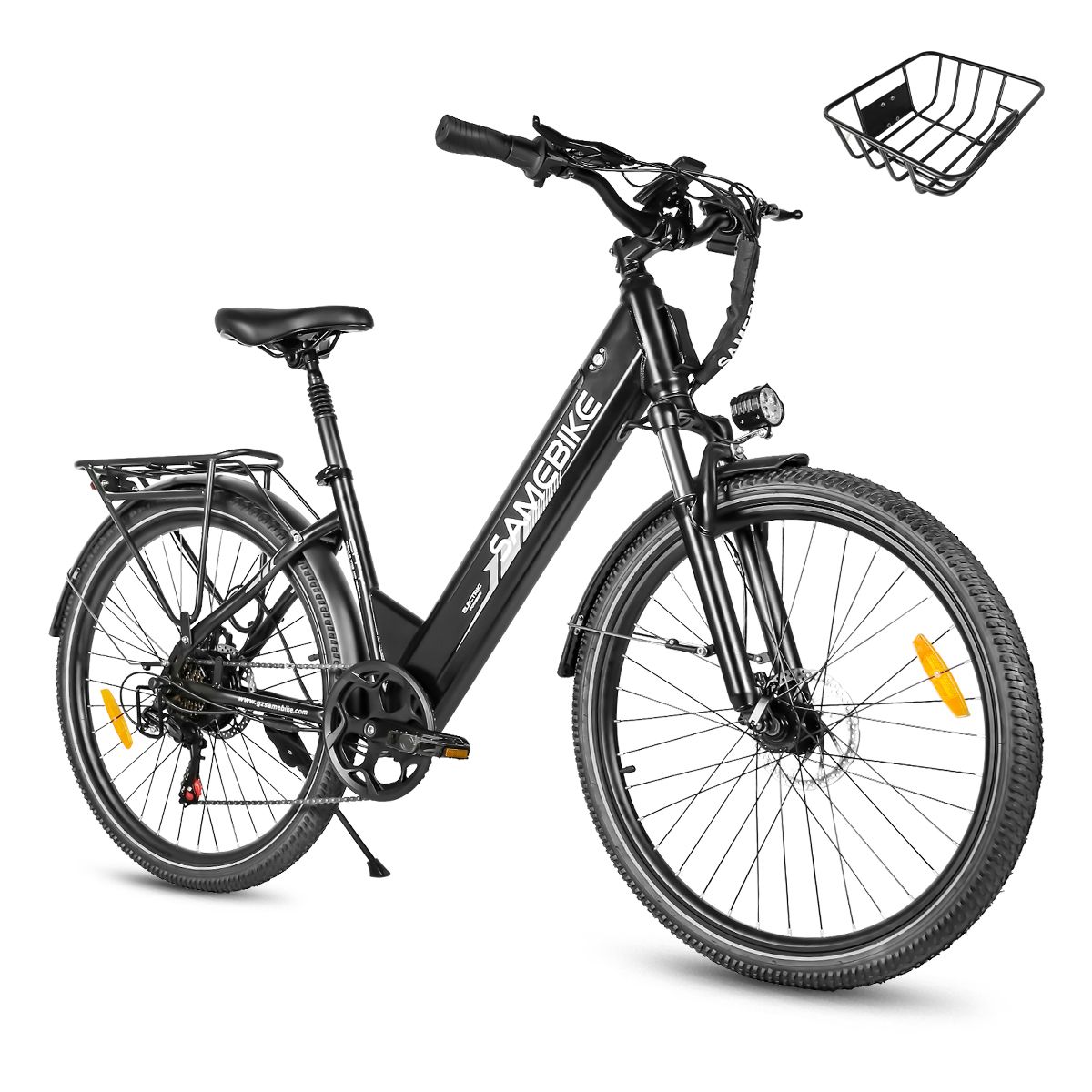 Schwarzes E-Bike SAMEBIKE RS-A01 Pro-T mit Korb. Gepäckträger, Schutzbleche, Scheinwerfer und Rücklicht.