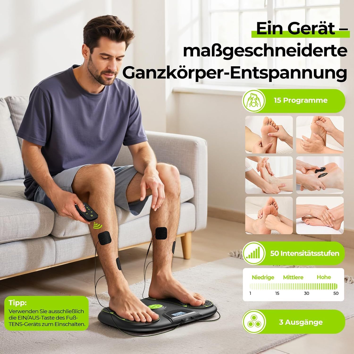 TENS Fußmassagegerät mit Display, Fernbedienung und Zubehör.