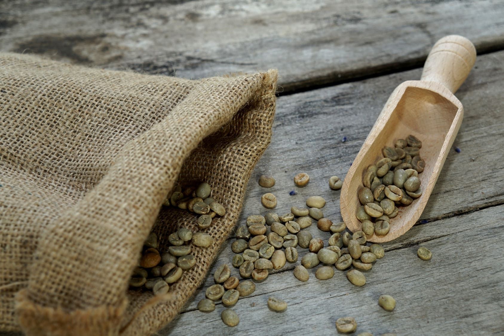 Sack mit Rohkaffeebohnen und Holzschaufel auf Holzuntergrund. Bohnen sind grünlich.