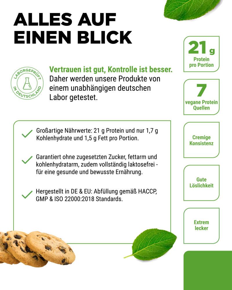 Text mit Nährwertangaben und 7 veganen Proteinquellen. Weiße Dose mit grünem Deckel. Aufschrift: 7 Vegan 7K-Protein, Cookies & Cream Flavour.
