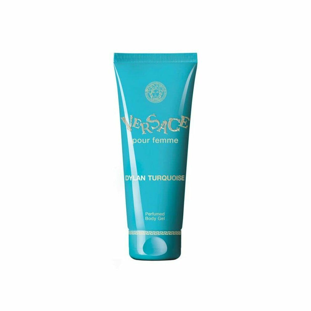 Türkisfarbene Tube. Aufschrift Versace pour femme Dylan Turquoise. Parfümiertes Body Gel. Goldfarbenes Logo.