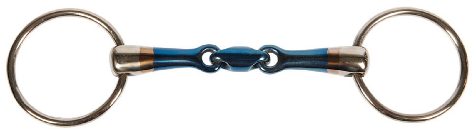 Wassertrense Sweet Iron. Metall, blau und silberfarben. Ringe und Mundstück. Gebogenes Mundstück mit Gelenk.