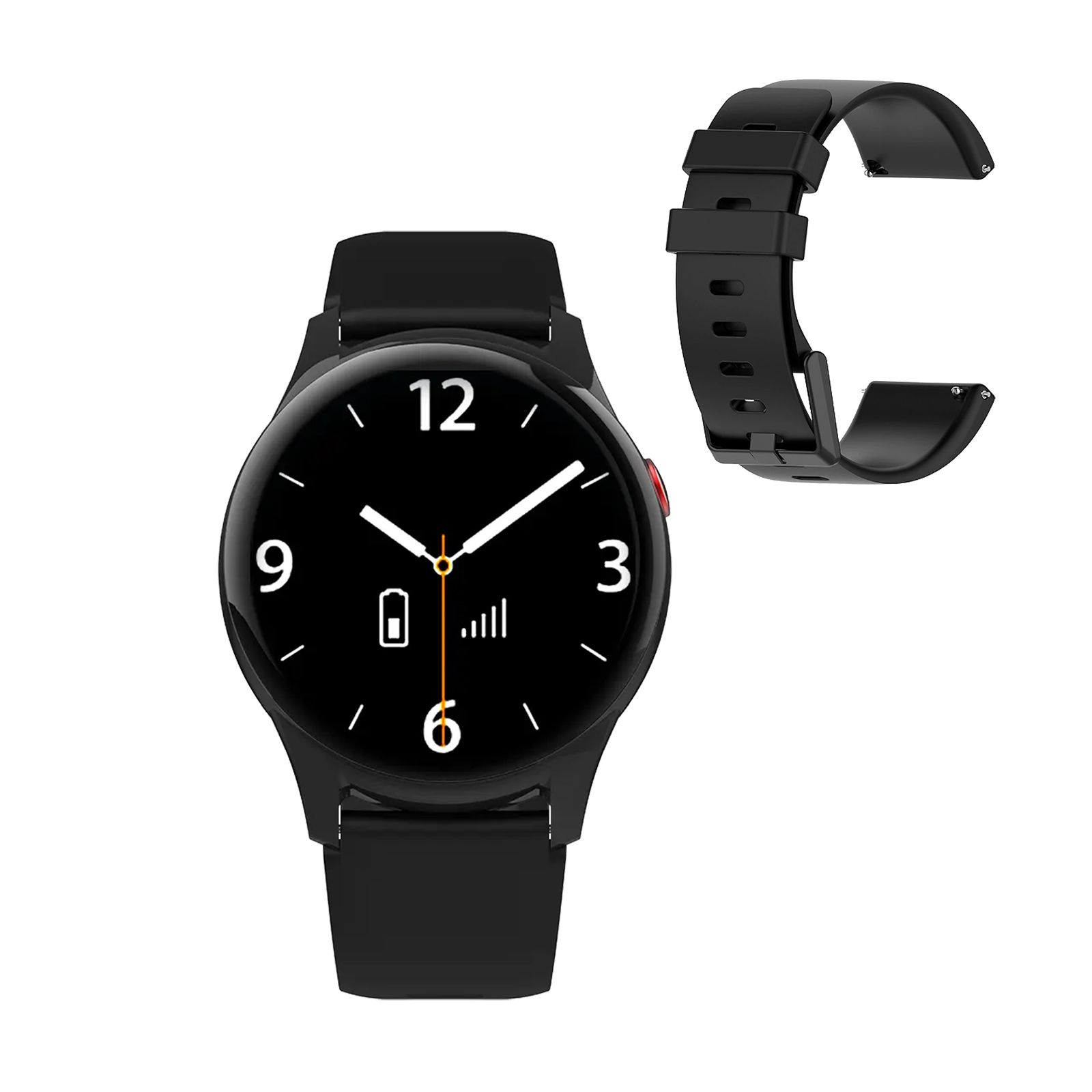 Schwarze Smartwatch mit rundem Zifferblatt, Zahlen, Zeigern und SOS-Knopf. Separates Armband.