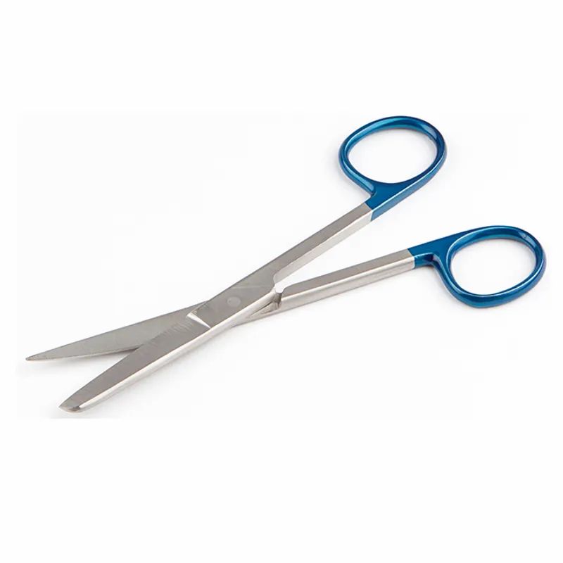 Chirurgische Schere mit blauen Griffen. Metallklingen, offene Position.
