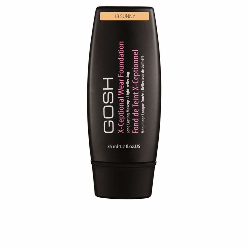 Schwarze Tube mit Gosh X-Ceptional Wear Foundation. Farbton 18 Sunny. Text in Englisch und Französisch. 35 ml.