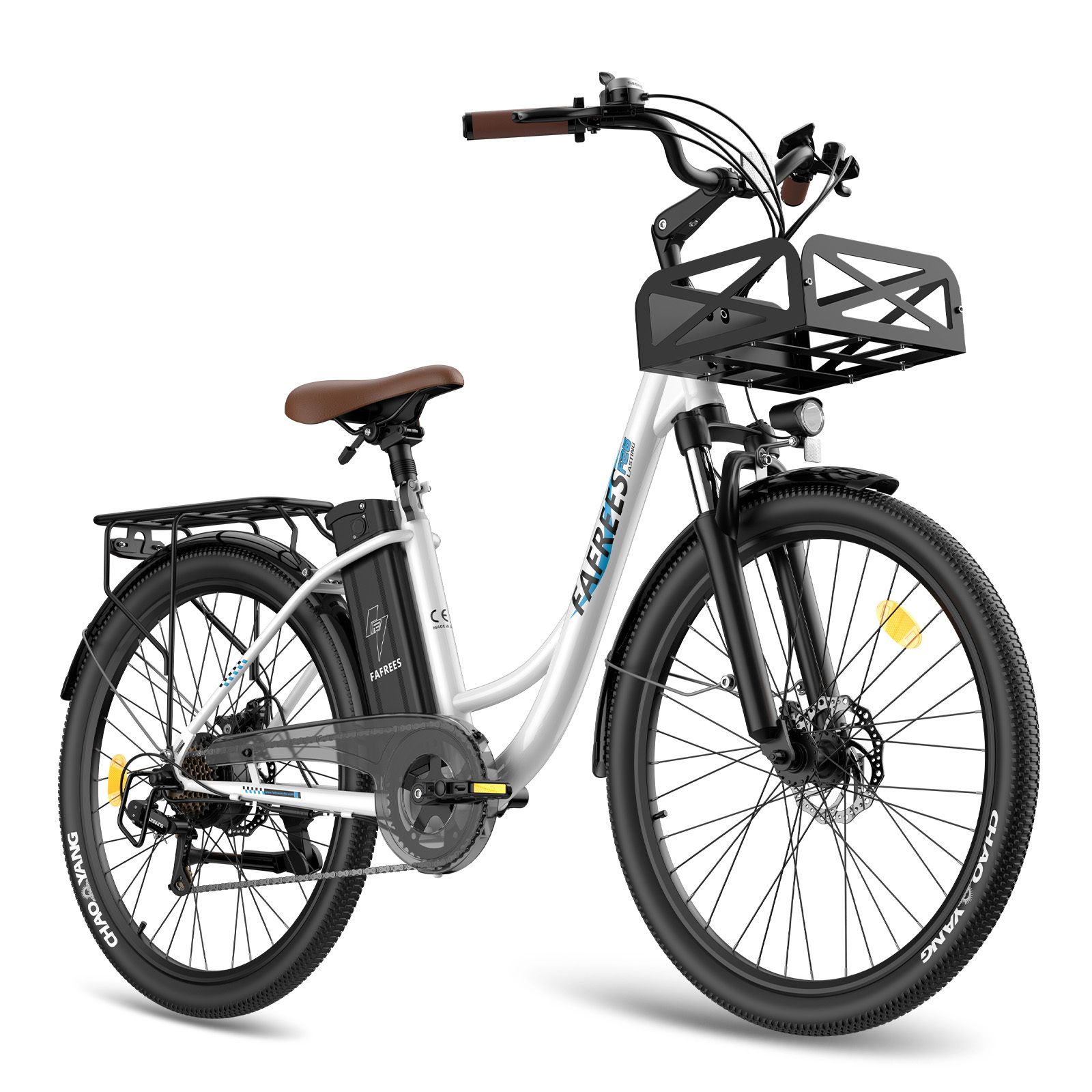 Fafrees F26 E-Bike, weiß, mit Korb. Schwarze Reifen, brauner Sattel und Lenkergriffe. Akku am Rahmen. Gepäckträger.
