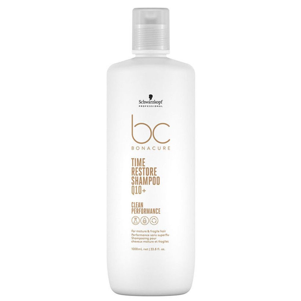 Weisse Shampoo-Flasche mit Aufschrift Schwarzkopf BC Bonacure Time Restore Q10+. Mit Klappverschluss.