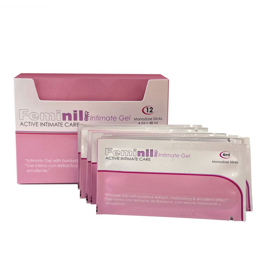 Feminil Active Intimate Care, 12 Monodose Sticks. Intimgel mit Klettenextrakt.