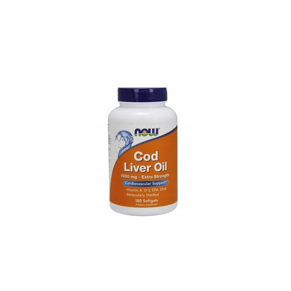 Weiße Flasche mit blauem Deckel. Aufschrift: NOW, Cod Liver Oil, 1000 mg Extra Strength, Cardiovascular Support. 180 Softgels.
