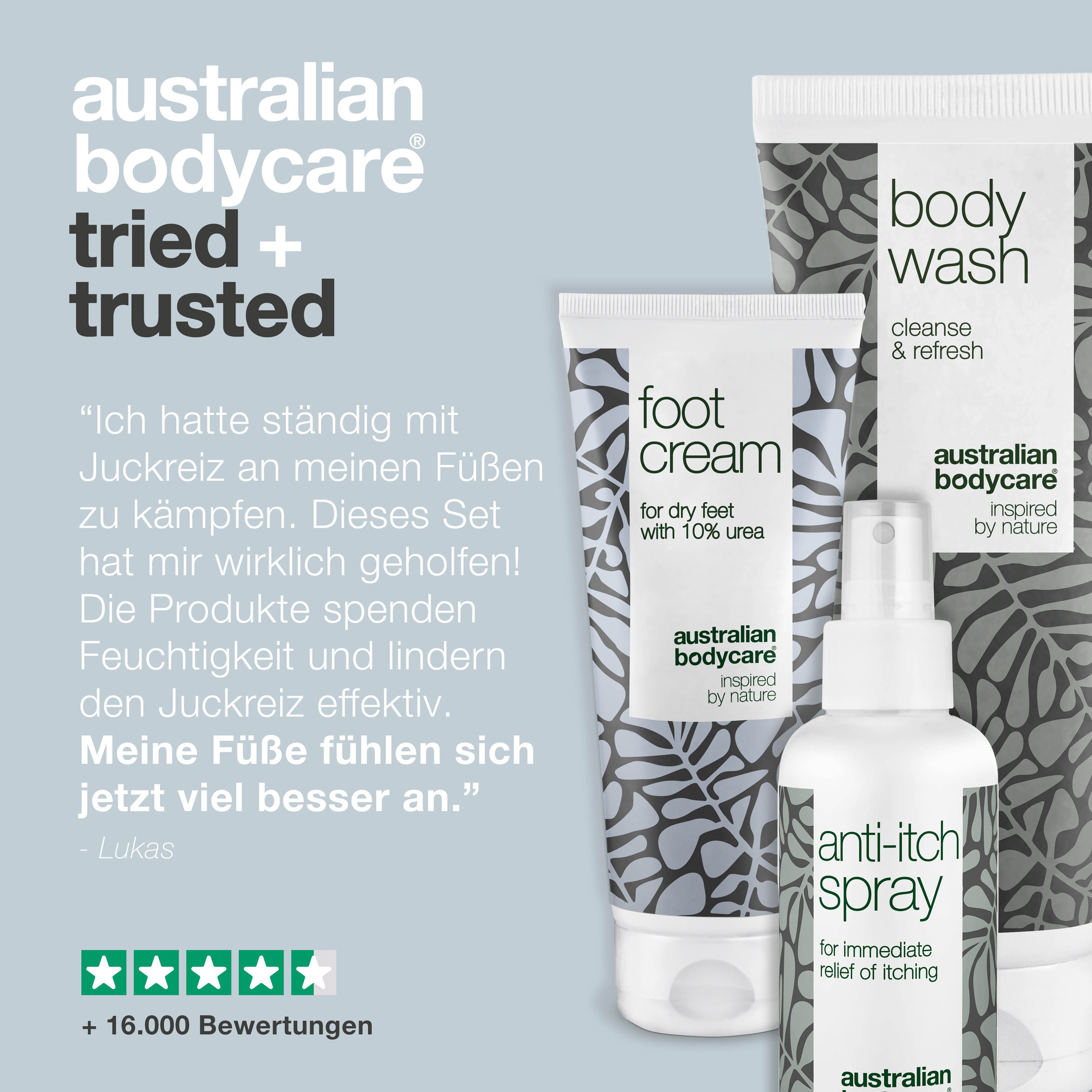 Drei Produkte: Body Wash, Fußcreme, Anti-Juckreiz-Spray. Text: Australian Bodycare, Erfahrungsbericht.
