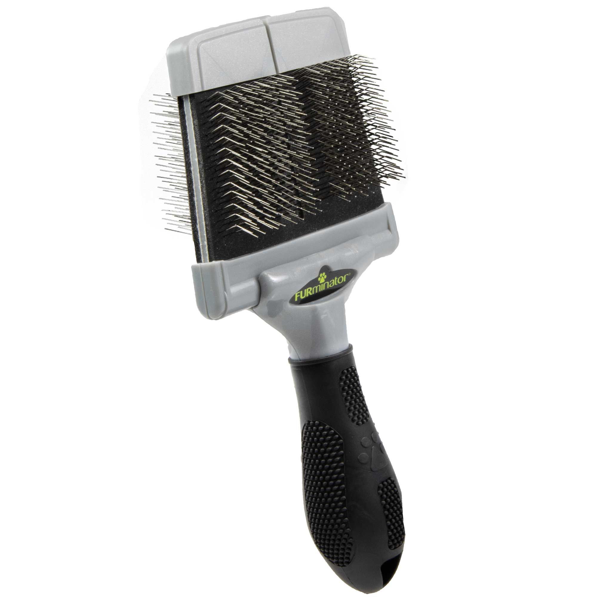Zupfbürste mit grauem Griff und schwarzen Borsten. Schwarzer Griff. Logo: Furminator.
