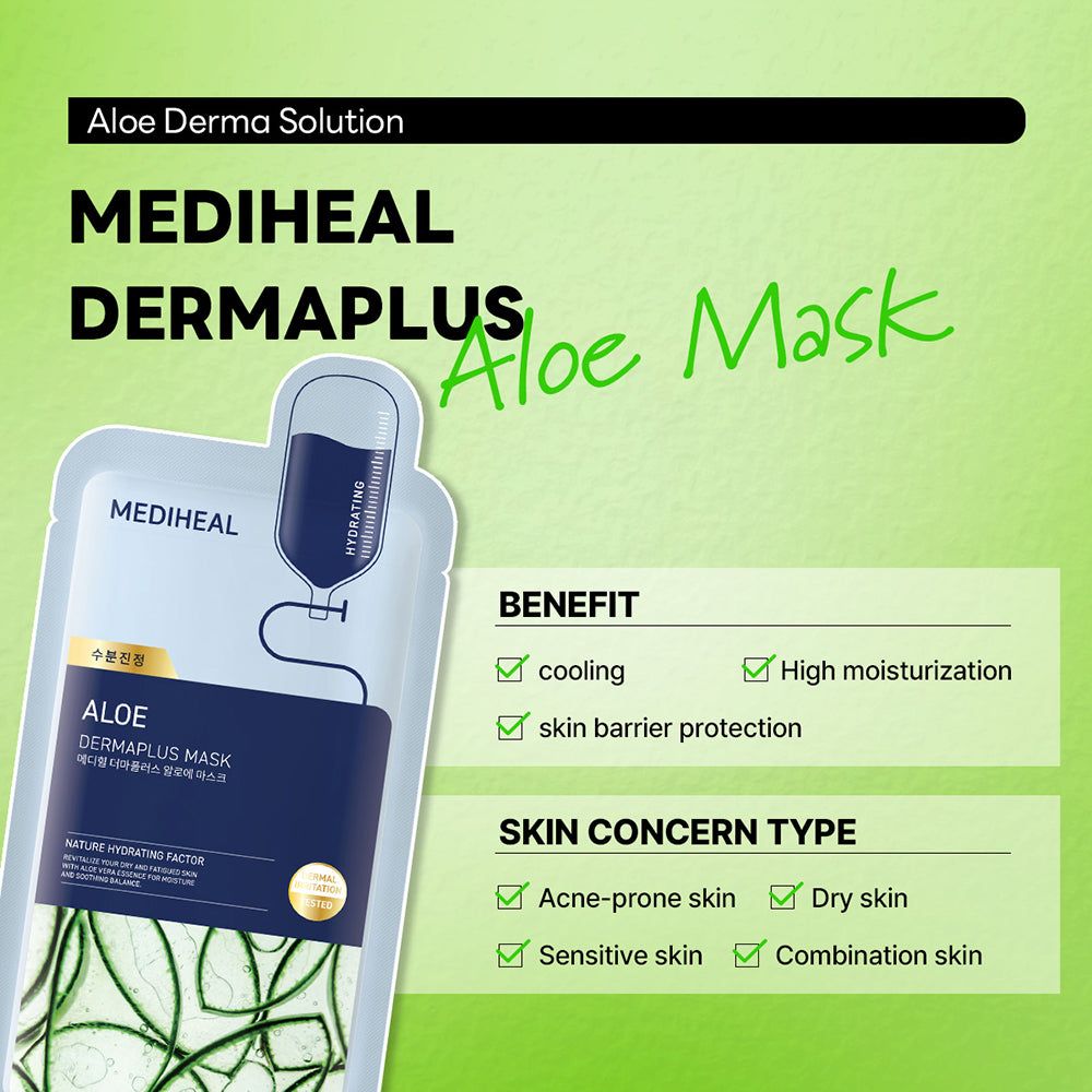 MEDIHEAL Dermaplus Aloe Maske Verpackung mit Text und Aloe-Vera-Motiv.