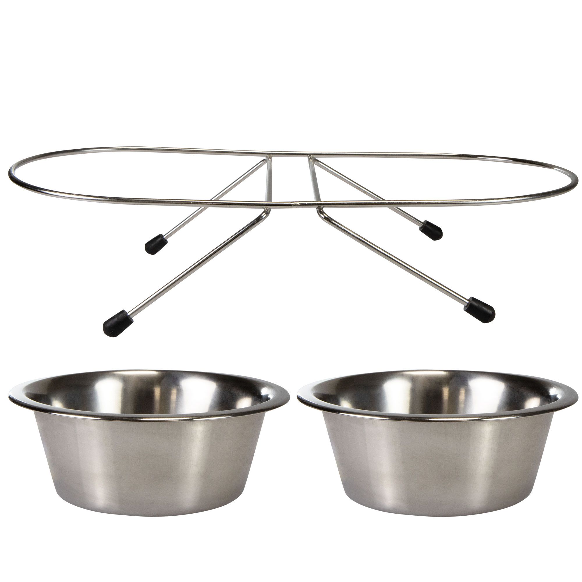 Hundenapf-Set aus Edelstahl. Zwei runde Näpfe und ein separates Metallgestell.