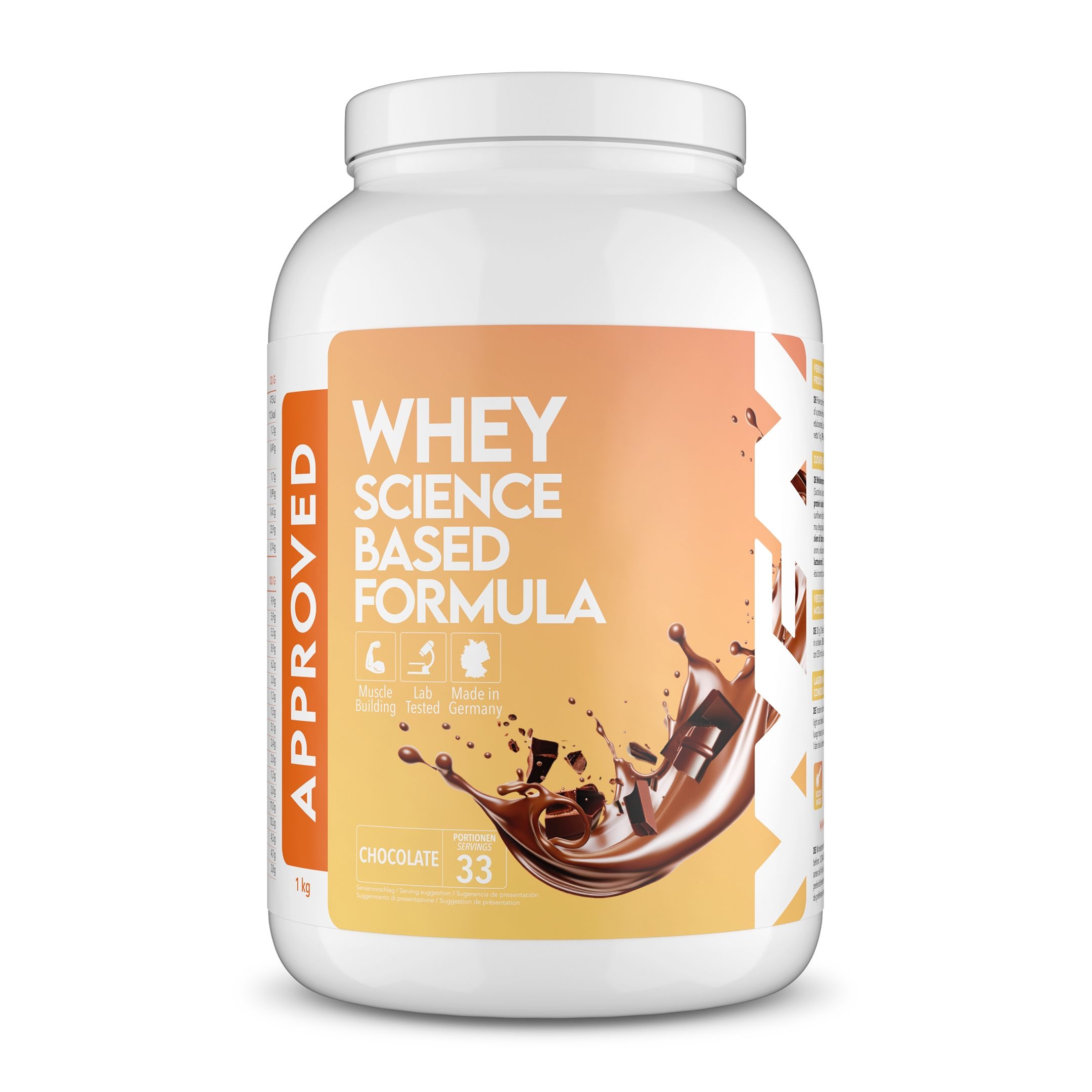 Weißer Whey-Proteinpulver-Behälter. Aufschrift: APPROVED, WHEY SCIENCE BASED FORMULA. Geschmack: Schokolade. Enthält 33 Portionen.