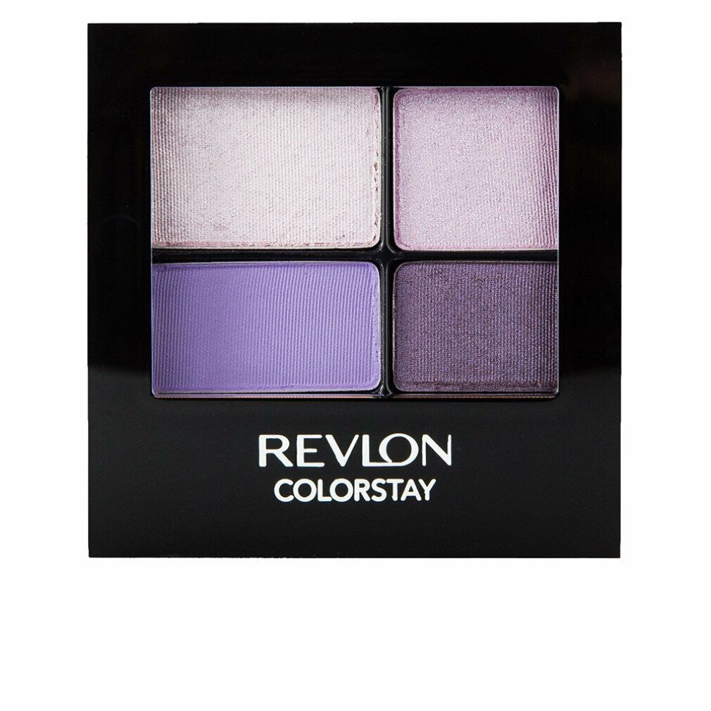 Lidschatten-Palette mit vier Farbtönen in Lila- und Violetttönen. Schwarze Verpackung mit Revlon Colorstay-Logo.