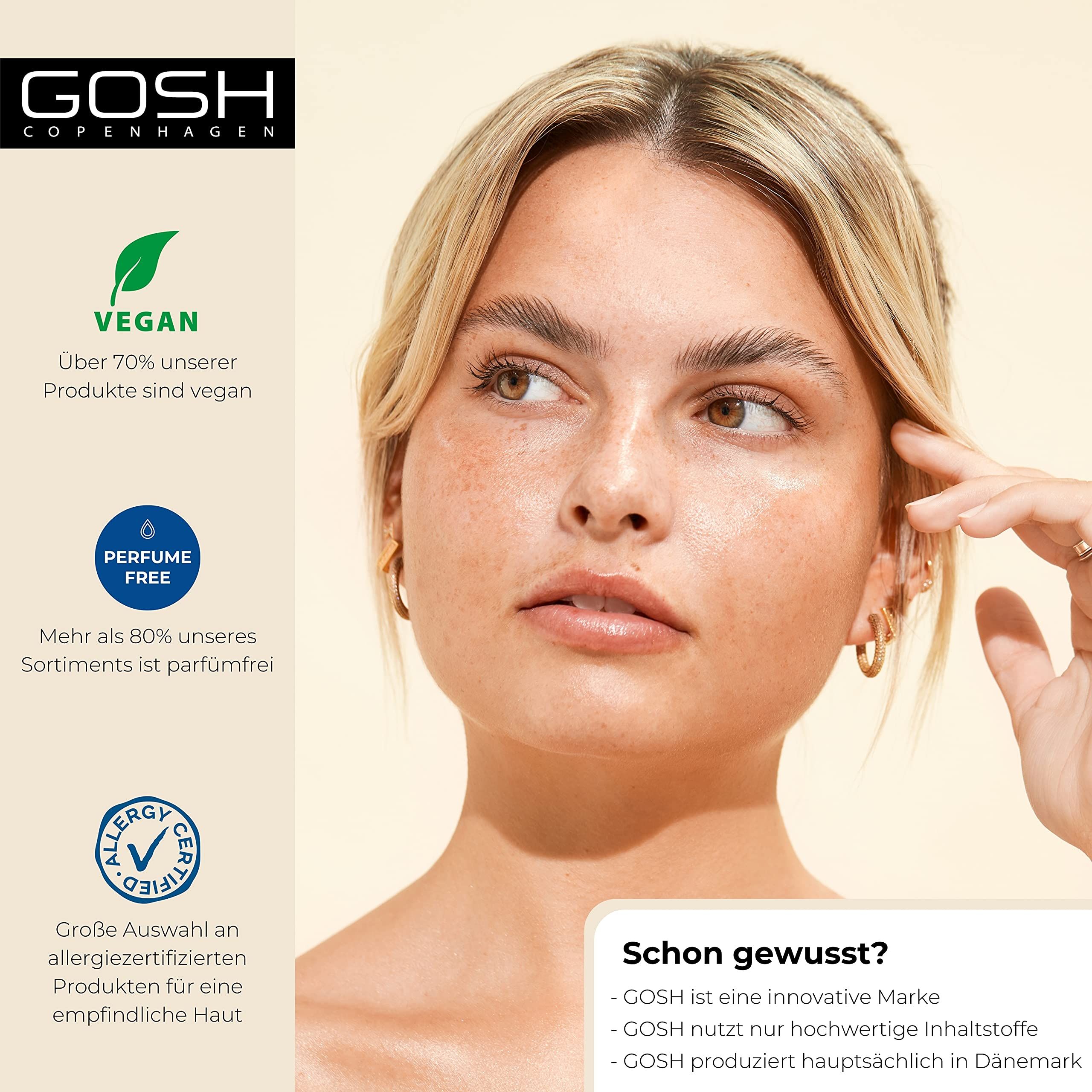 Porträt einer Frau mit blonden Haaren. Text mit Informationen über Gosh: vegan, parfümfrei, allergiegetestet.