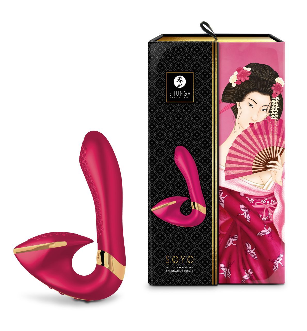 Vibrator neben Verpackung. Verpackung mit Illustration einer Frau im Kimono und Produktname.