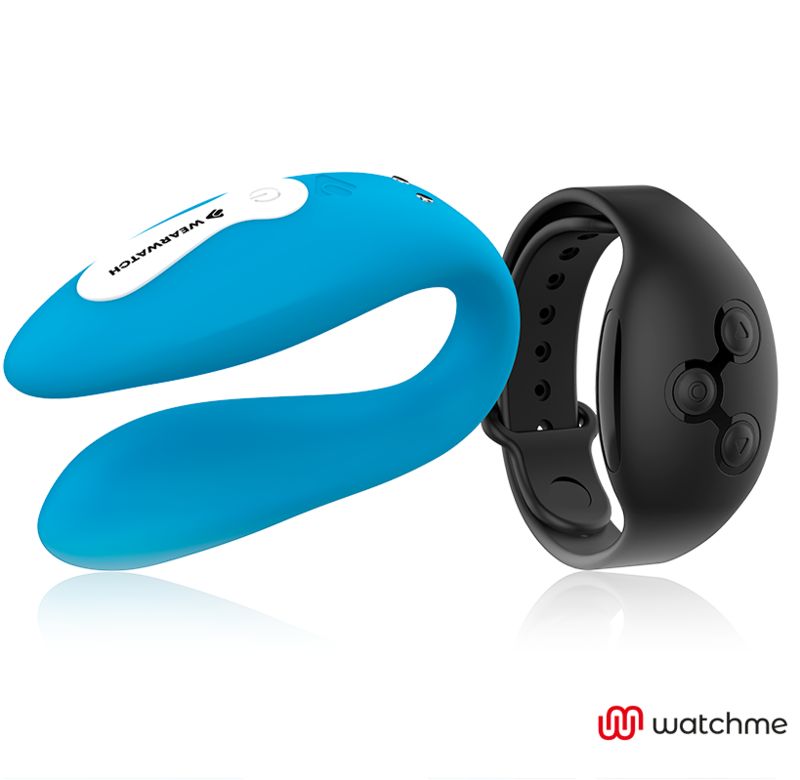 Blauer Silikon-Vibrator und schwarzer Armband-Controller von Wearwatch Dual-Technologie Watchme.