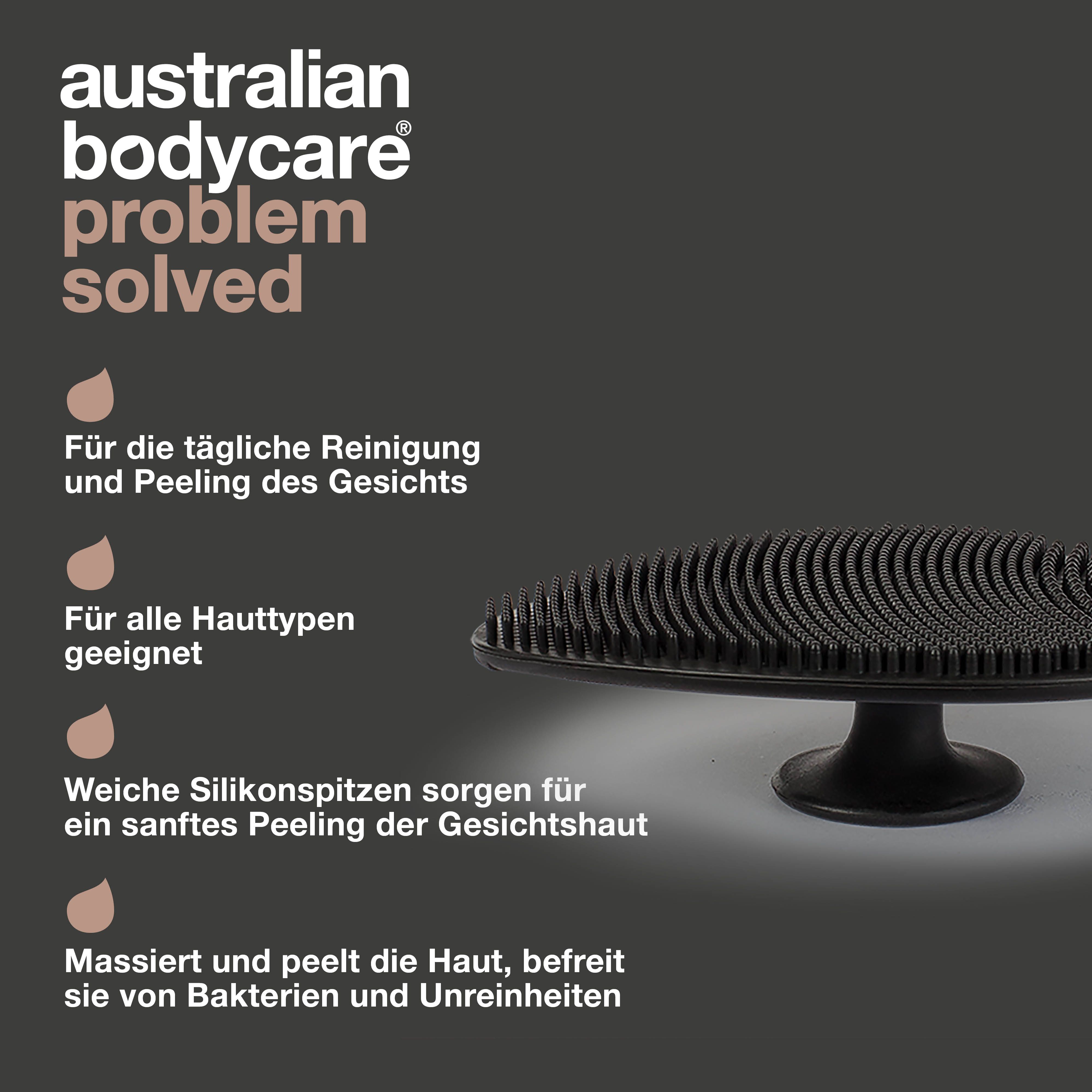 Produktmerkmale. Gesichtsbürste schwarz, tropfenförmig. Text: Für tägliche Reinigung und Peeling, für alle Hauttypen.