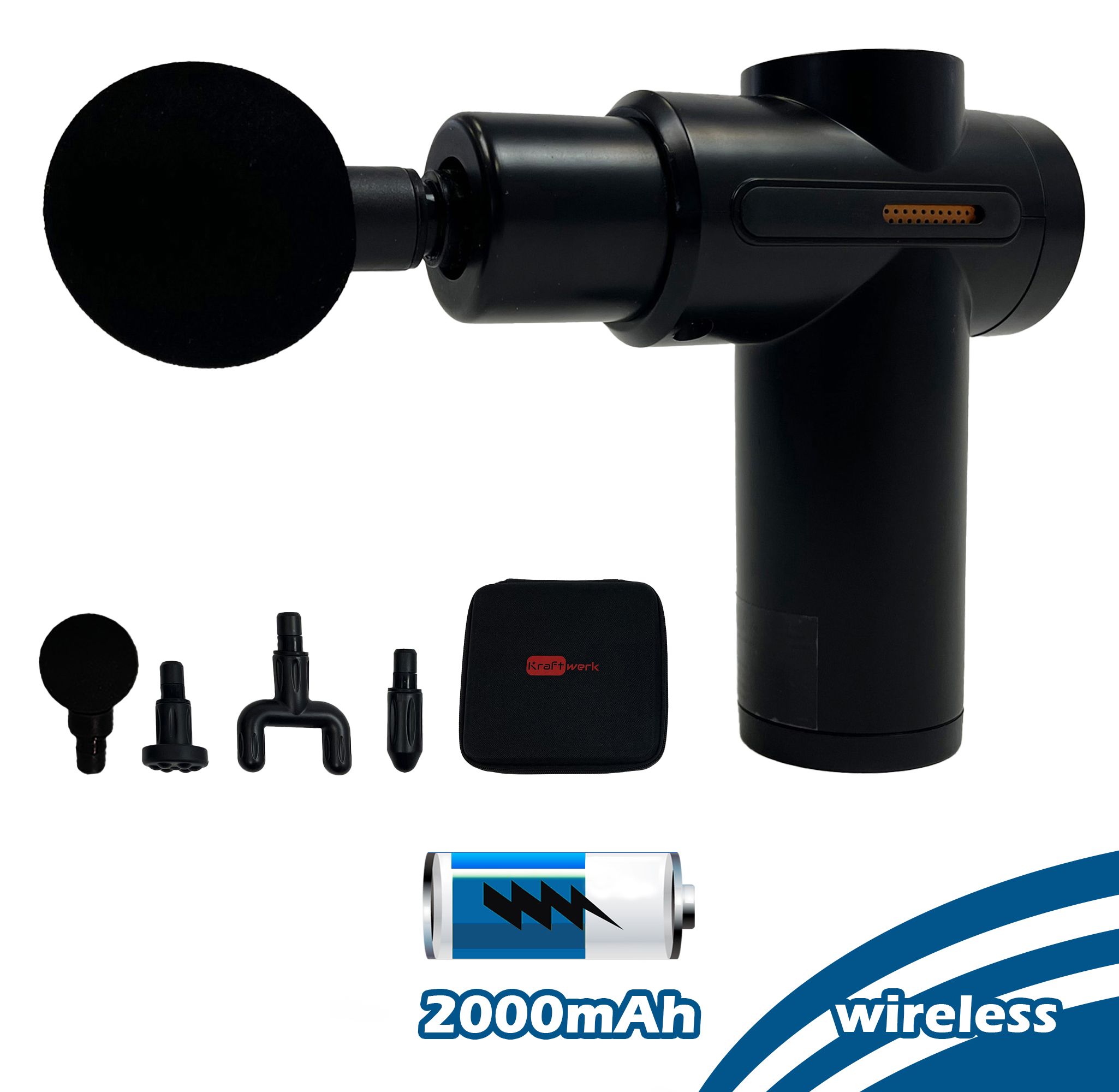 Schwarze Massagepistole mit Zubehör und Batterie. Enthält Aufsätze, Etui und Batterie mit '2000mAh' und 'wireless'.