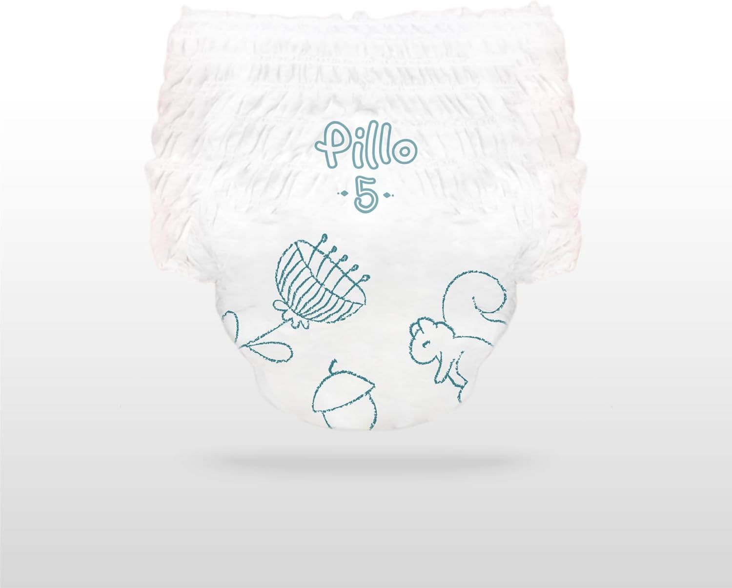Pillo Pants, Größe 5. Weiße Windel mit floralen und Eichhörnchen-Motiven. Elastischer Bund.