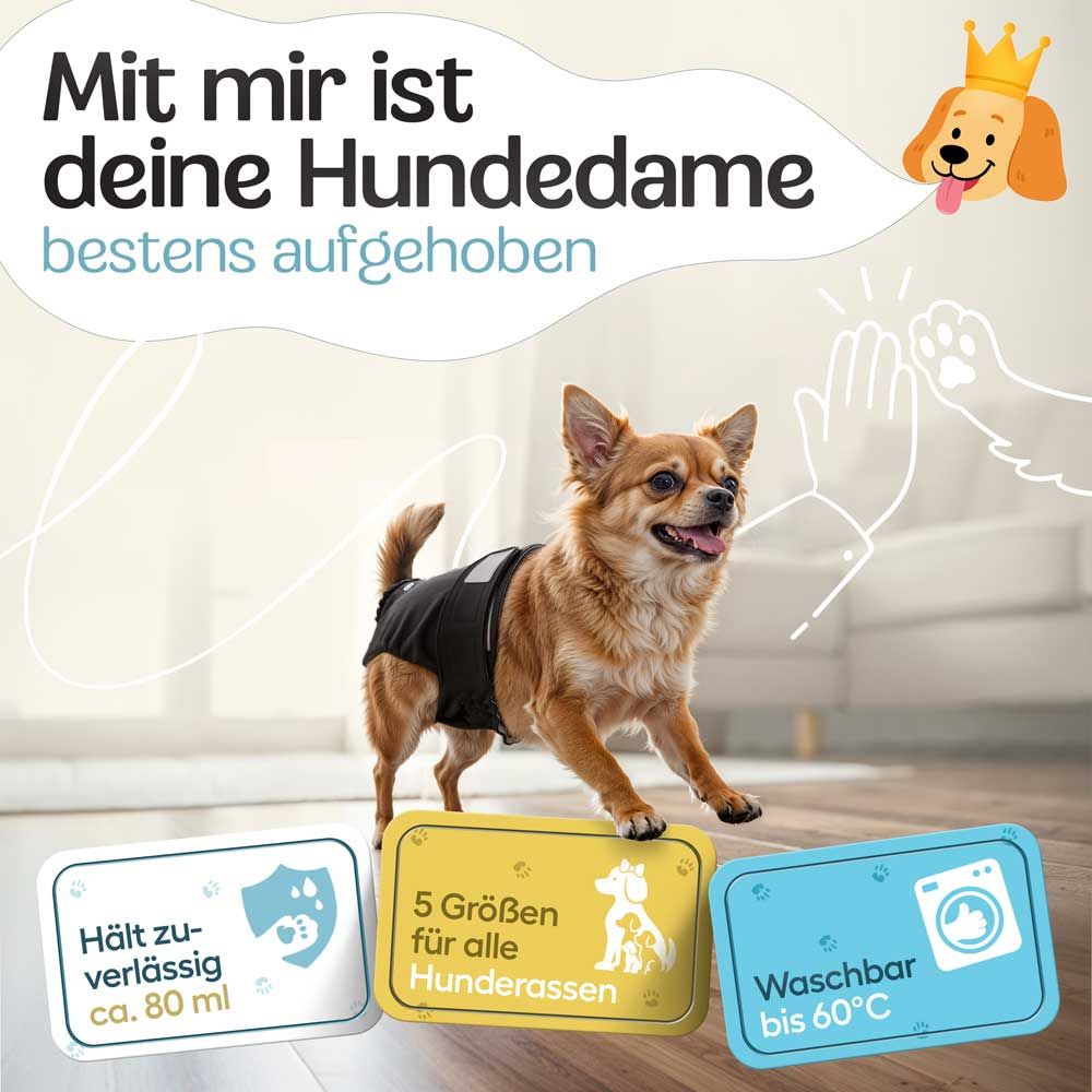 Hündin mit Windel. Text: Hält zuverl. ca. 80 ml, 5 Größen, Waschbar bis 60°C. Illustrationen.